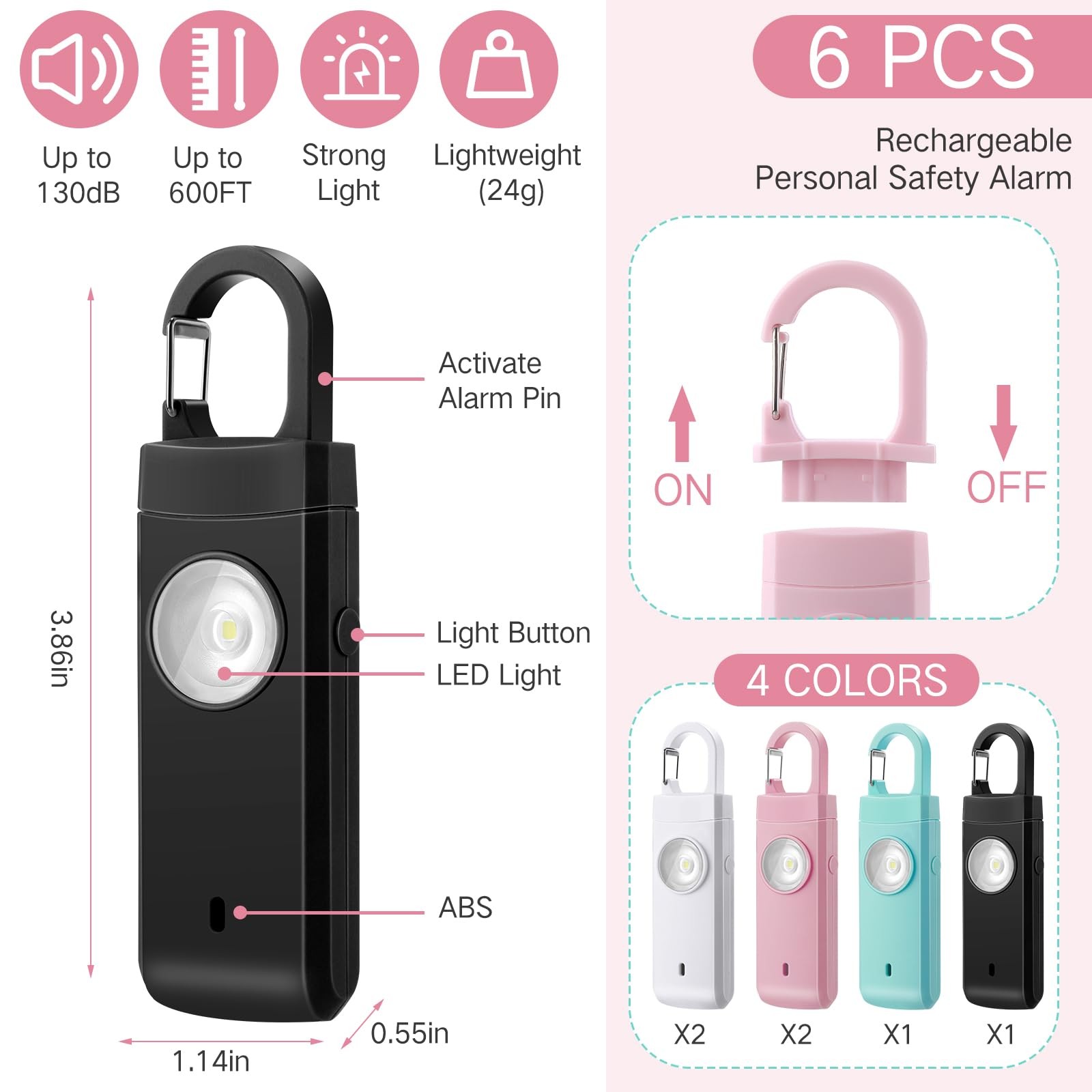 6 Pcs Rechargeable Personal Safety Alarm for Women, 130db Personal Alarm Prot…