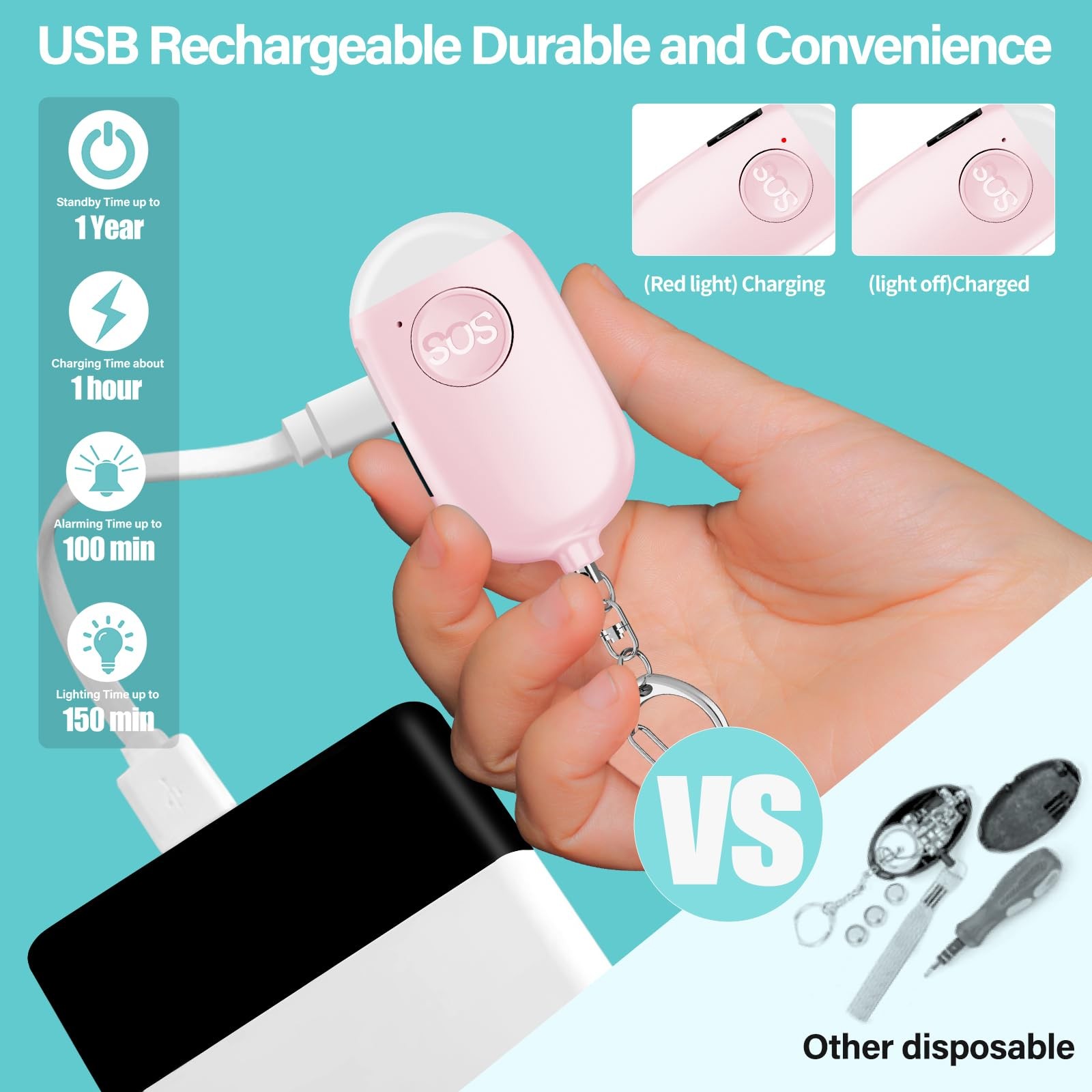 Personal Safety Alarm for , 2 Pack Rechargeable 130dB Alarm Keychain with Fla…