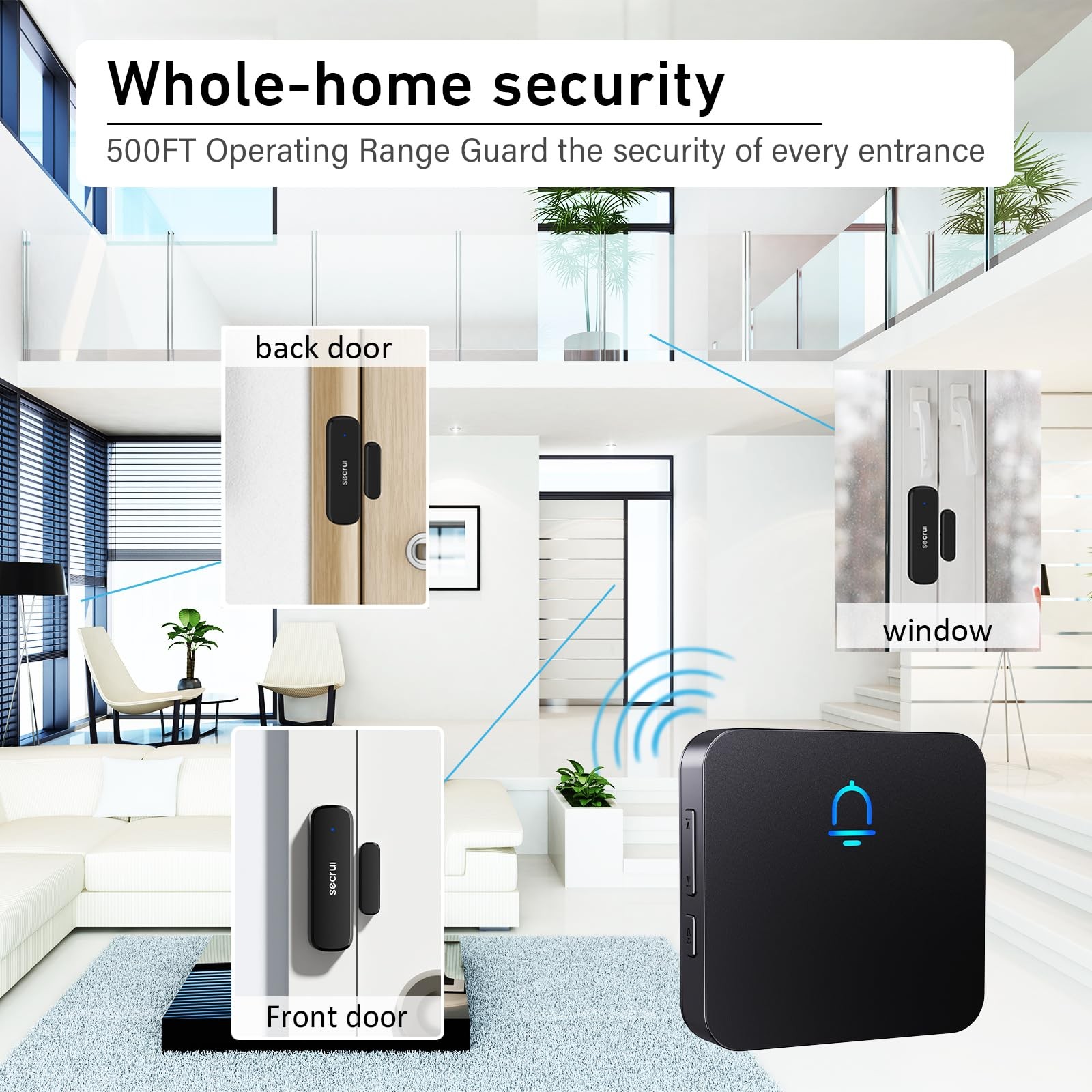 SECRUI Wireless Door Chimes When Open Entry 1 sensor 2 receiver, Black