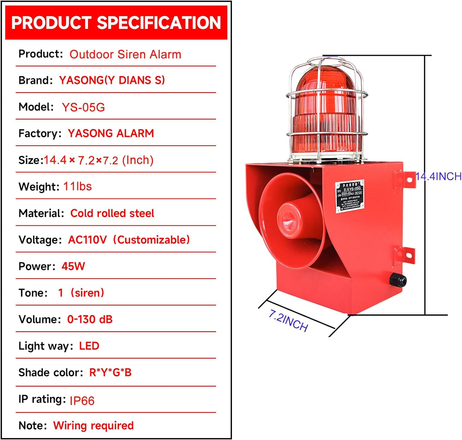 Alarm Siren IP66 Waterproof Outdoor 130Db Horn 45W Security Sirens for Ports, Do
