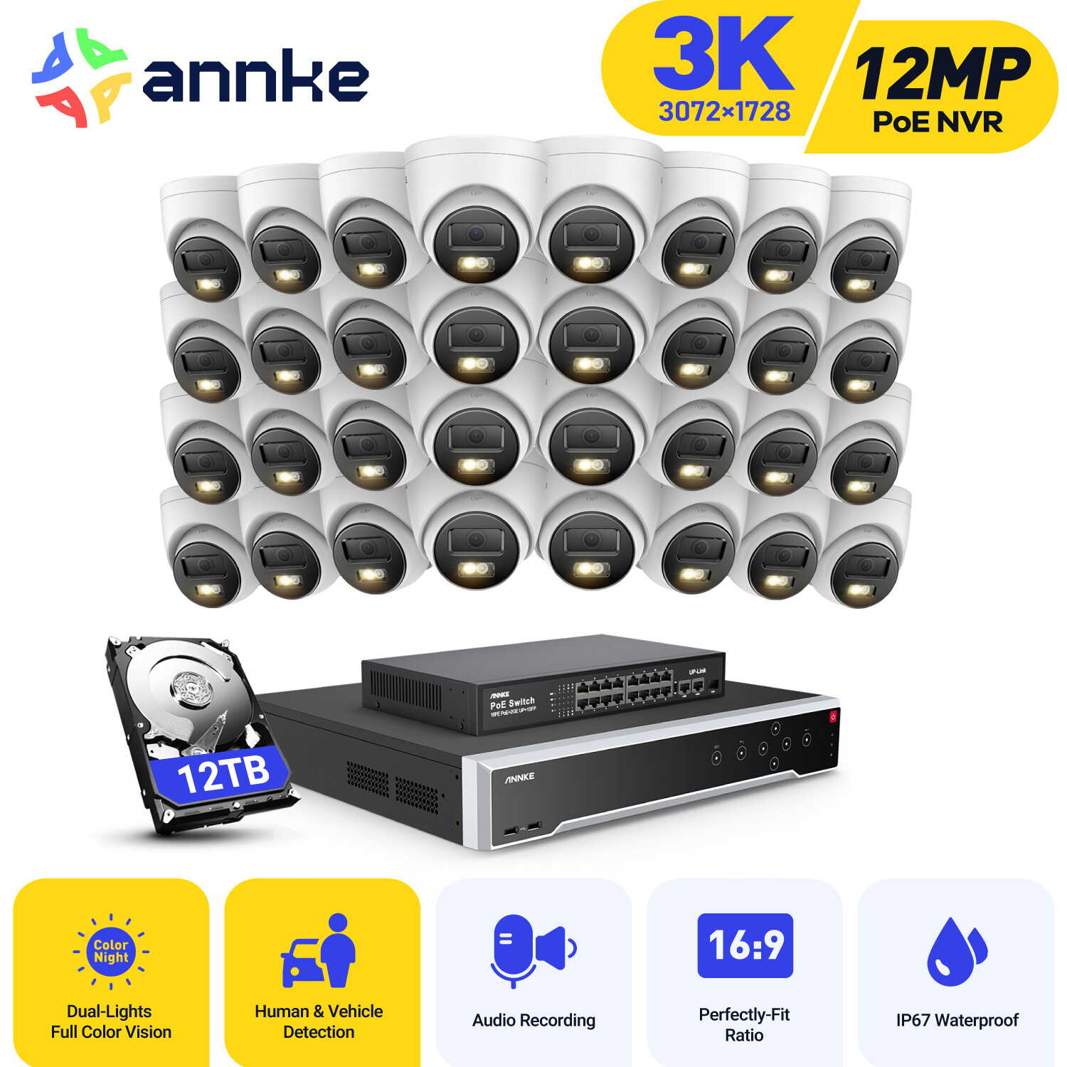 ANNKE 32CH 12MP NVR 3K POE Security Camera System Audio Recording AI Color Night