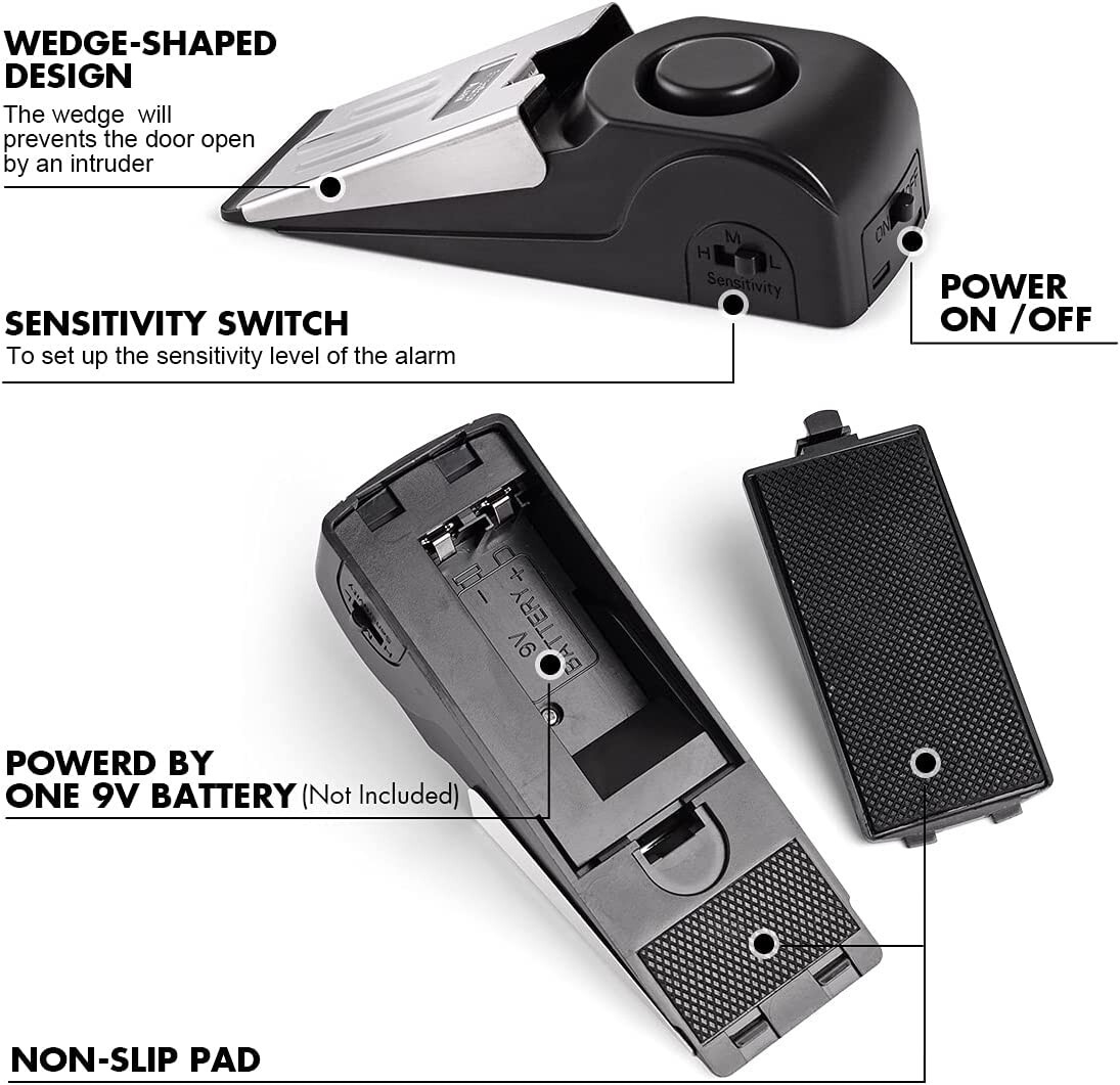 2 Security Door Stop Alarm 120DB Stopper Wedge Siren Portable Home Anti Theft