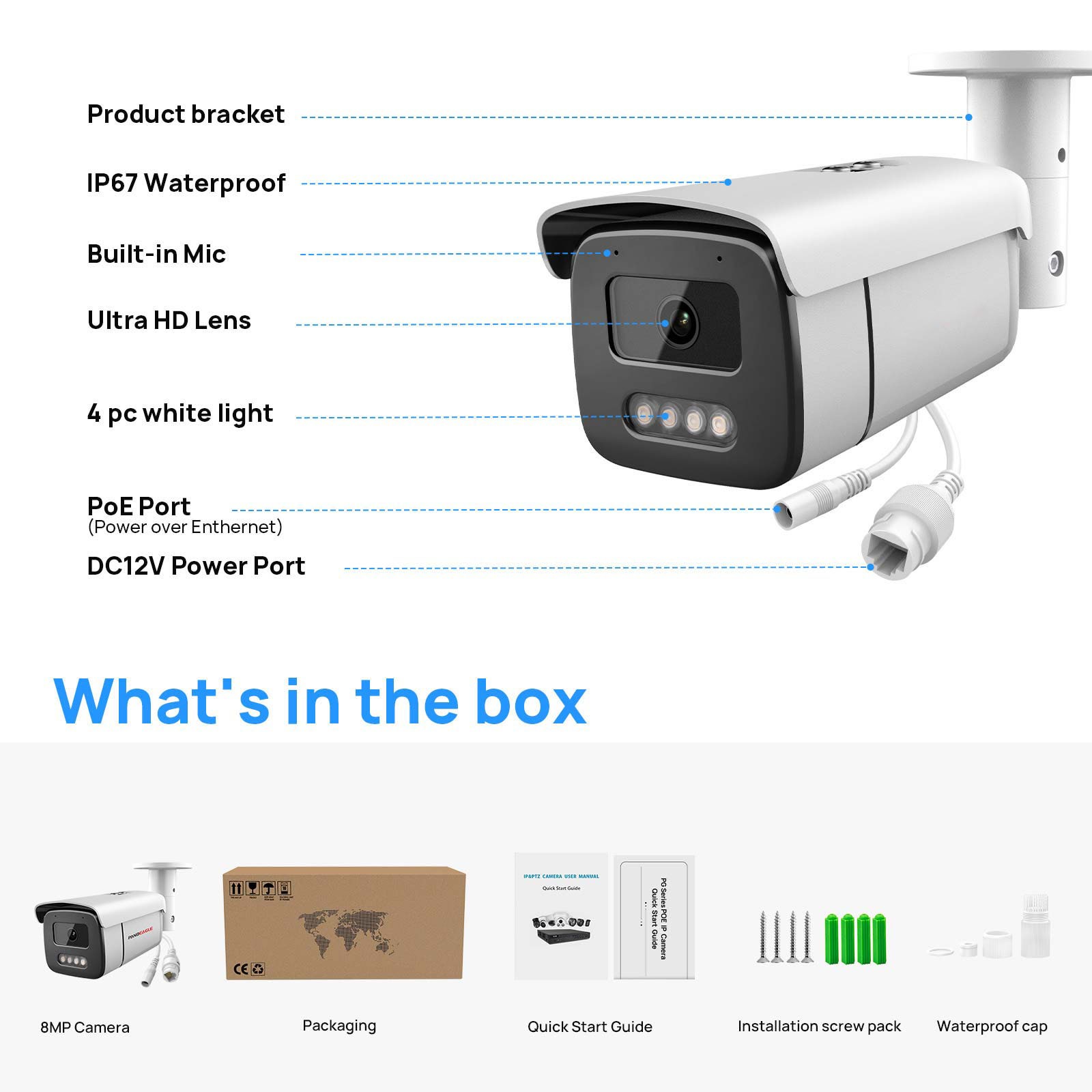 VIKYLIN 8CH 8POE NVR Systems Full Color Bullet 8MP 4K IP CAMERA MIC Outdoor Lot