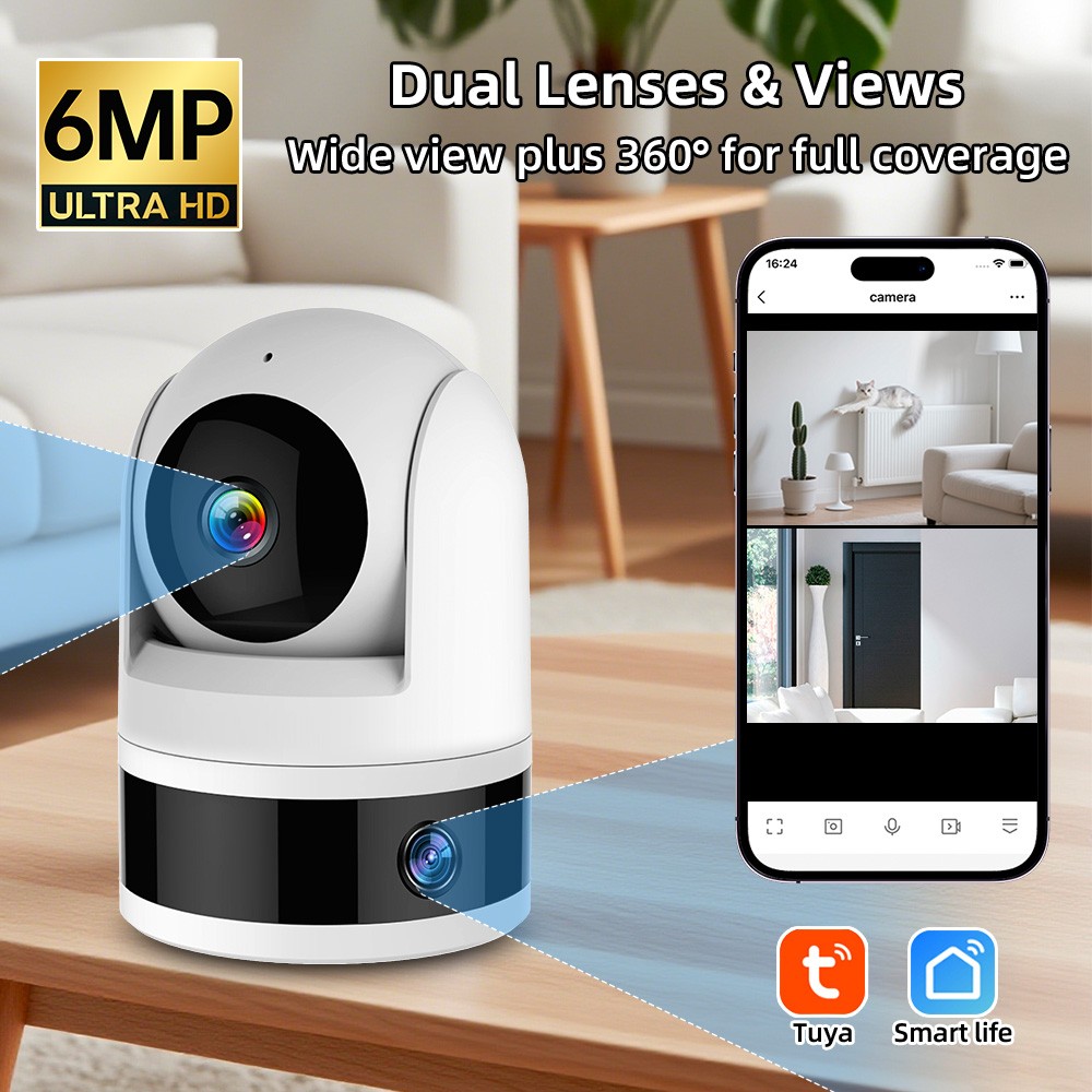 Dual Lens Tuya Smart Security Camera 3K 6MP Pet Dog Camera Baby Monitor AI Auto