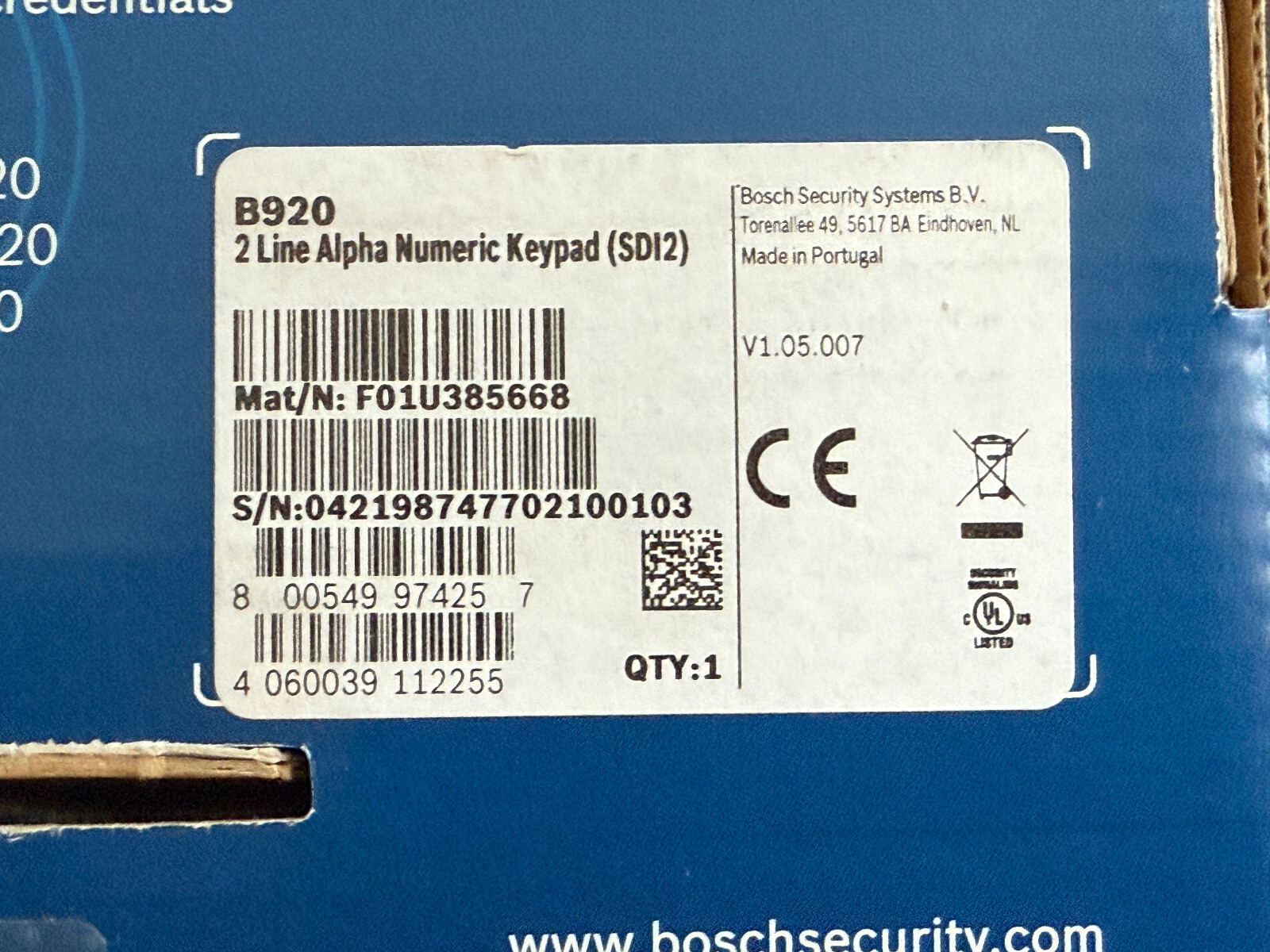 Bosch B920 Alarm Control System 2-Line Alpha Numeric Display Keypad Annunciator