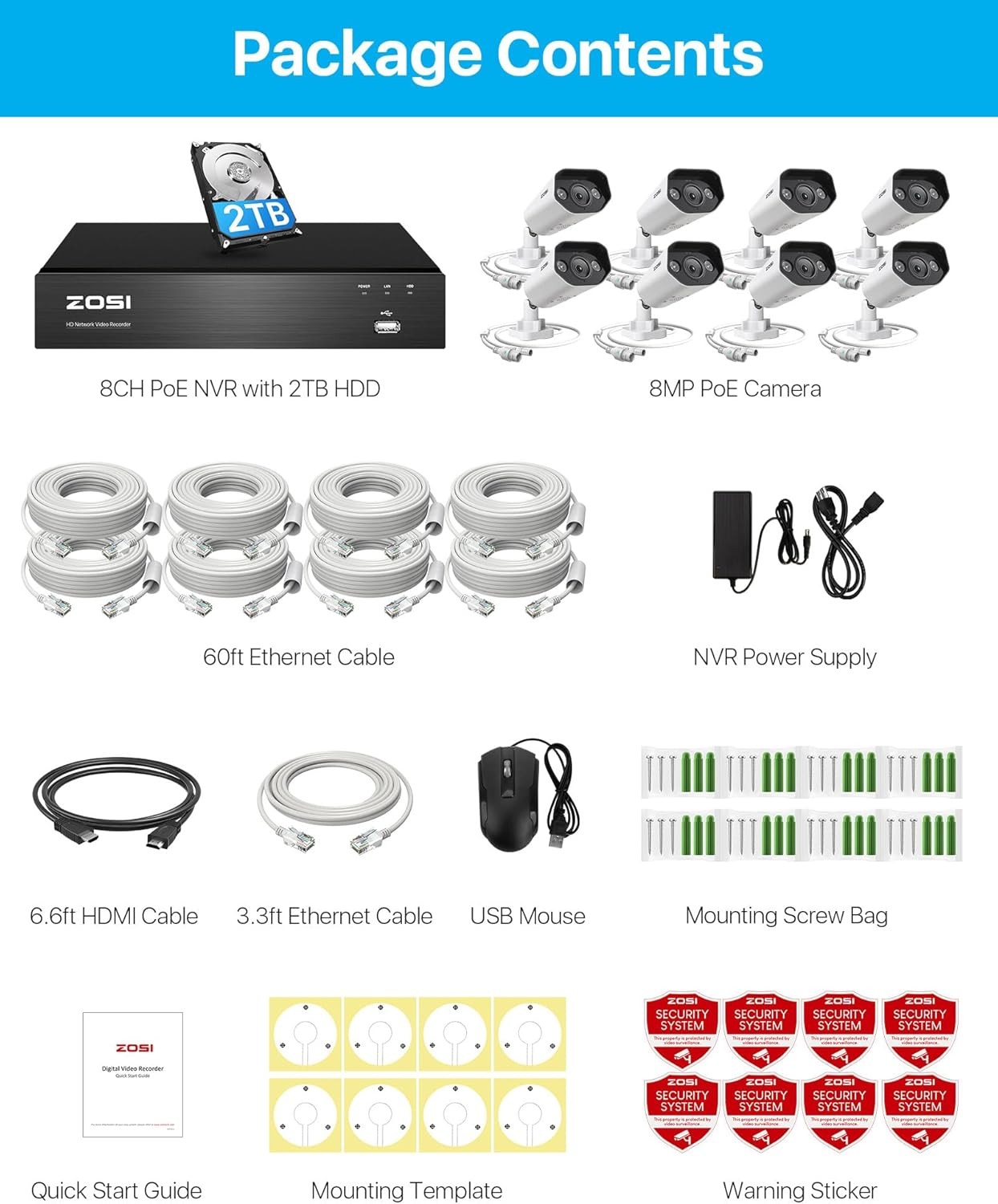 ZOSI 8CH 4K 8MP Security PoE Camera System Outdoor Person Vehicle Detect 2TB HDD