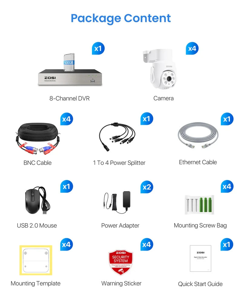ZOSI 8-Channel DVR Security Camera System w/ 4X Pan/Tilt 360° Cameras & 500GB HD