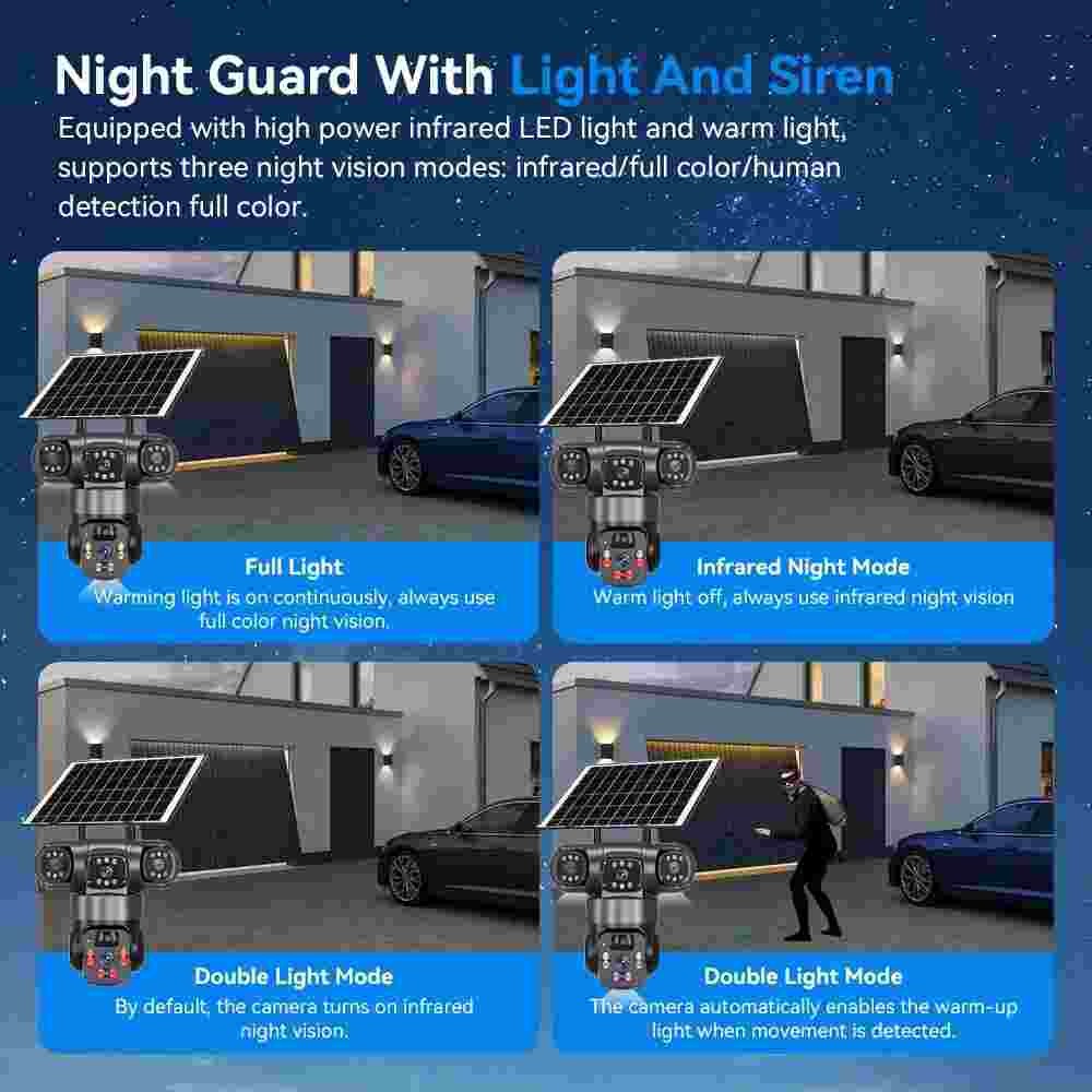 3 Lens HD 9MP WiFi Solar Camera Wireless Outdoor CCTV PTZ Home Security IR Cam