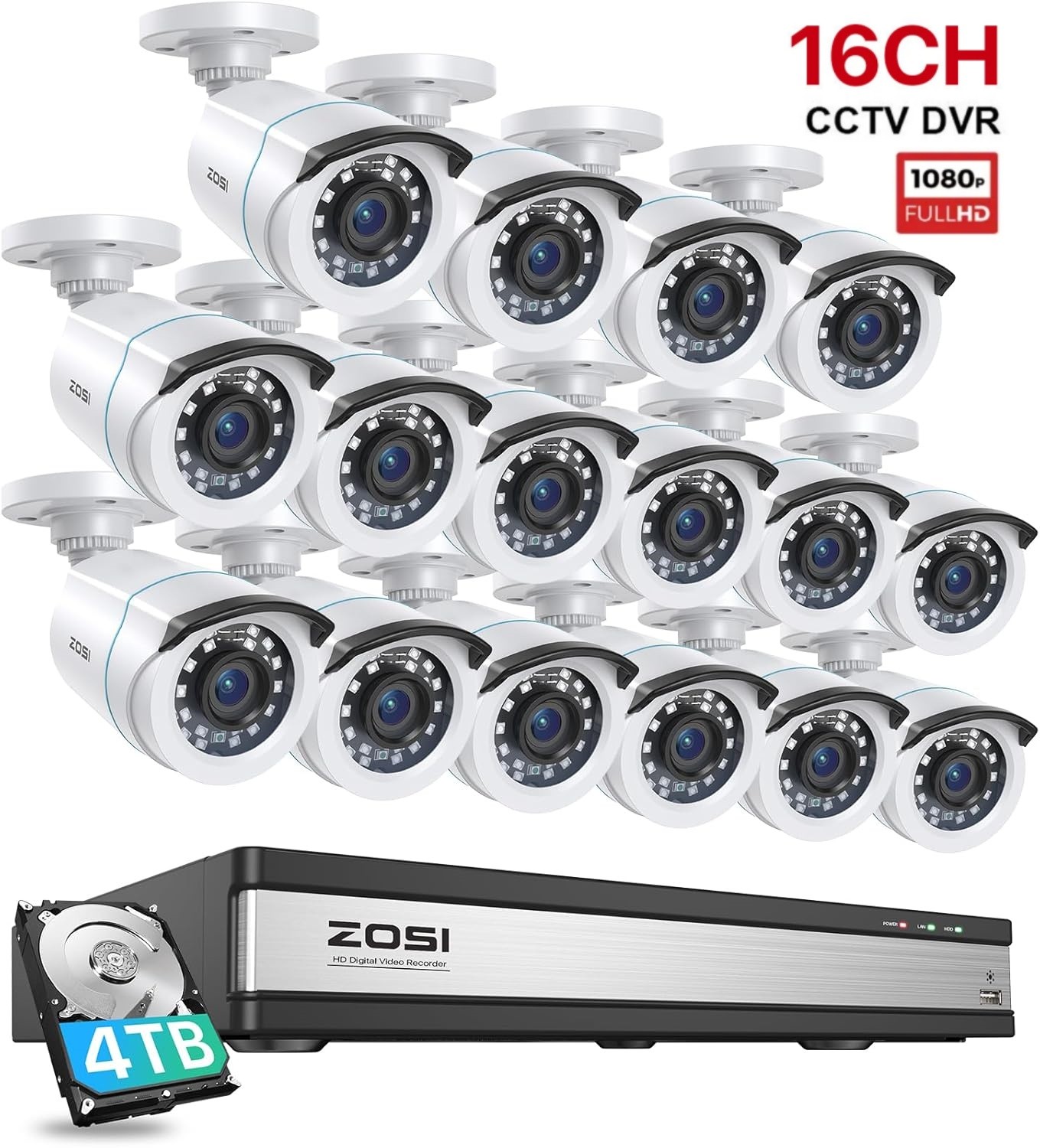 ZOSI H.265+16CH Security Camera System 16xOutdoor 1080P CCTV Camera AI Detet 4TB