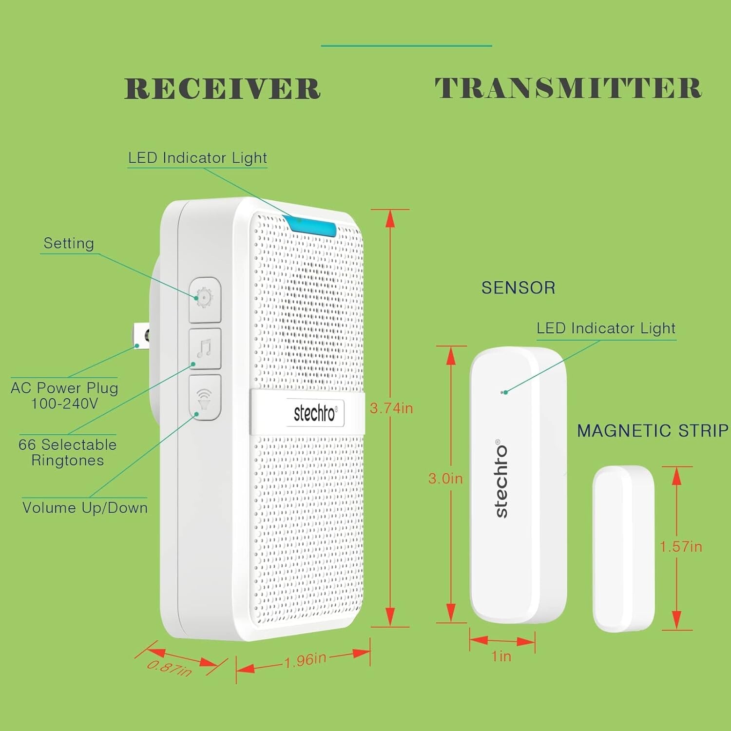 Lot of 2 – Stechro Wireless Door/Alarm Chimes – 600′ Range/62 Tones – White -NEW