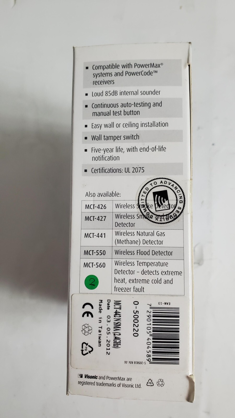 Visonic MCT-442 N SMA (2.4GHz) WH Wireless Carbon Monoxide Detector New
