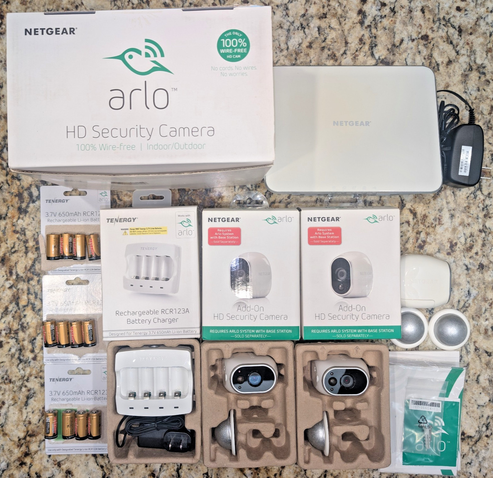NETGEAR Arlo VMB3000 3 Cameras, Base Station, 12 Tenergy Batteries, Charger OEM