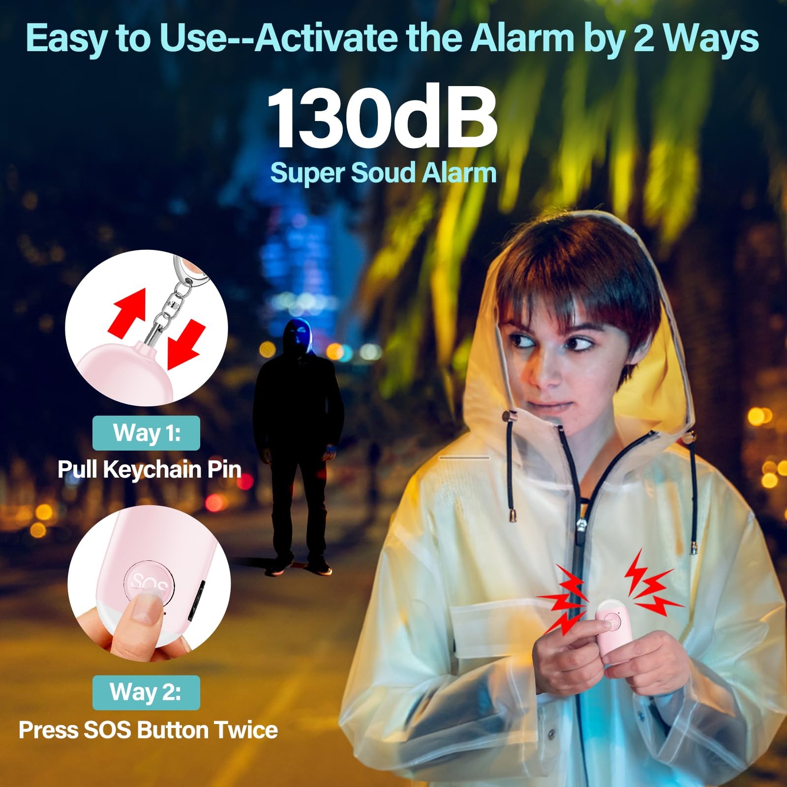 Personal Safety Alarm for , 2 Pack Rechargeable 130dB Alarm Keychain with Fla…