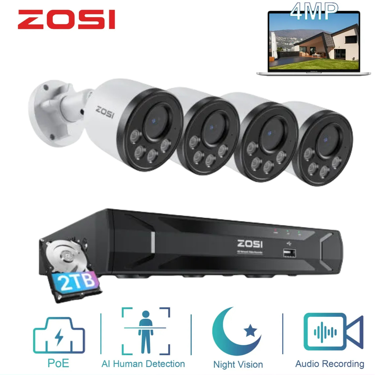 ZOSI 5MP 8CH NVR 4MP PoE Security IP Camera System Smart Detect 24/7 View Audio