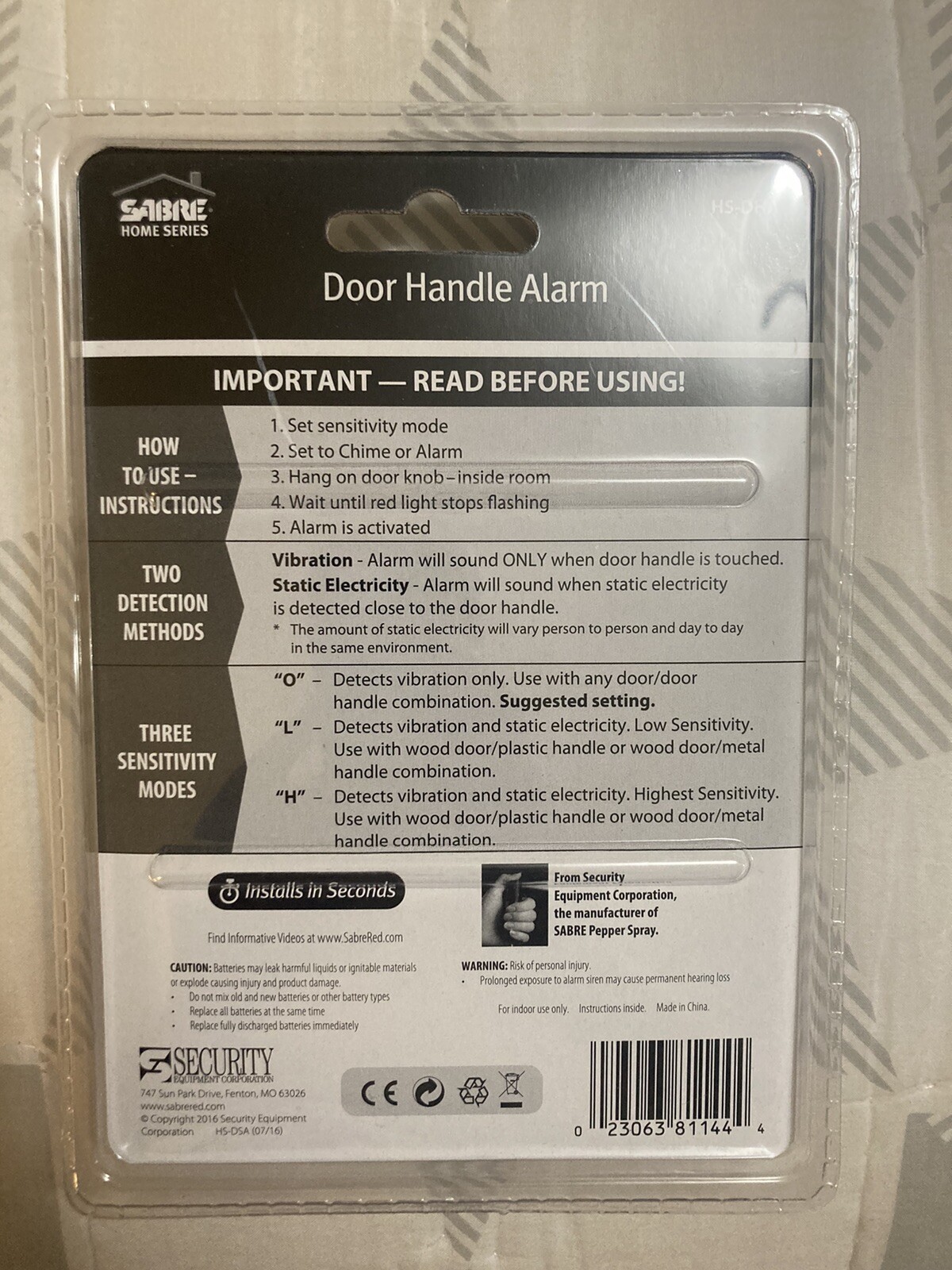 Sabre Home Series Door Handle Alarm Home Travel NEW