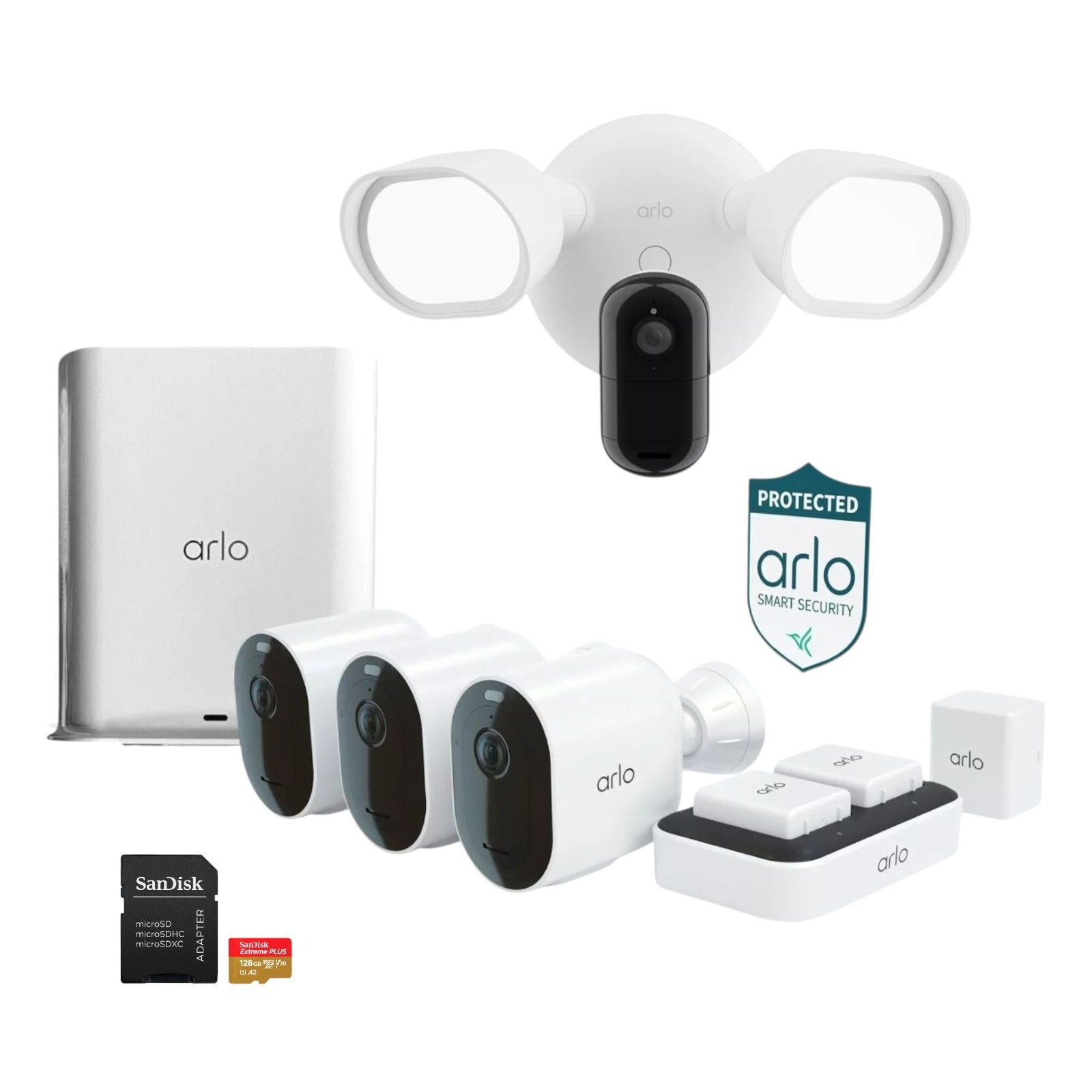 Arlo Ultra 2 Wireless 4 Camera Smart Security System with Wired Floodlight White
