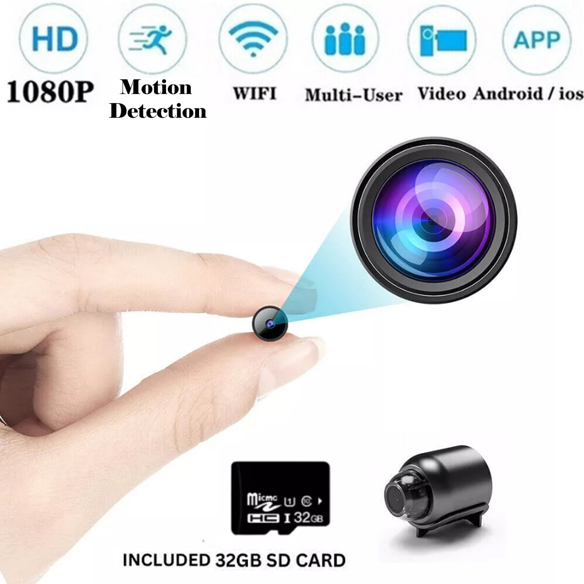 32GB SD Card, HD 1080P Mini Camera WiFi Camcorder Security Cam For Home
