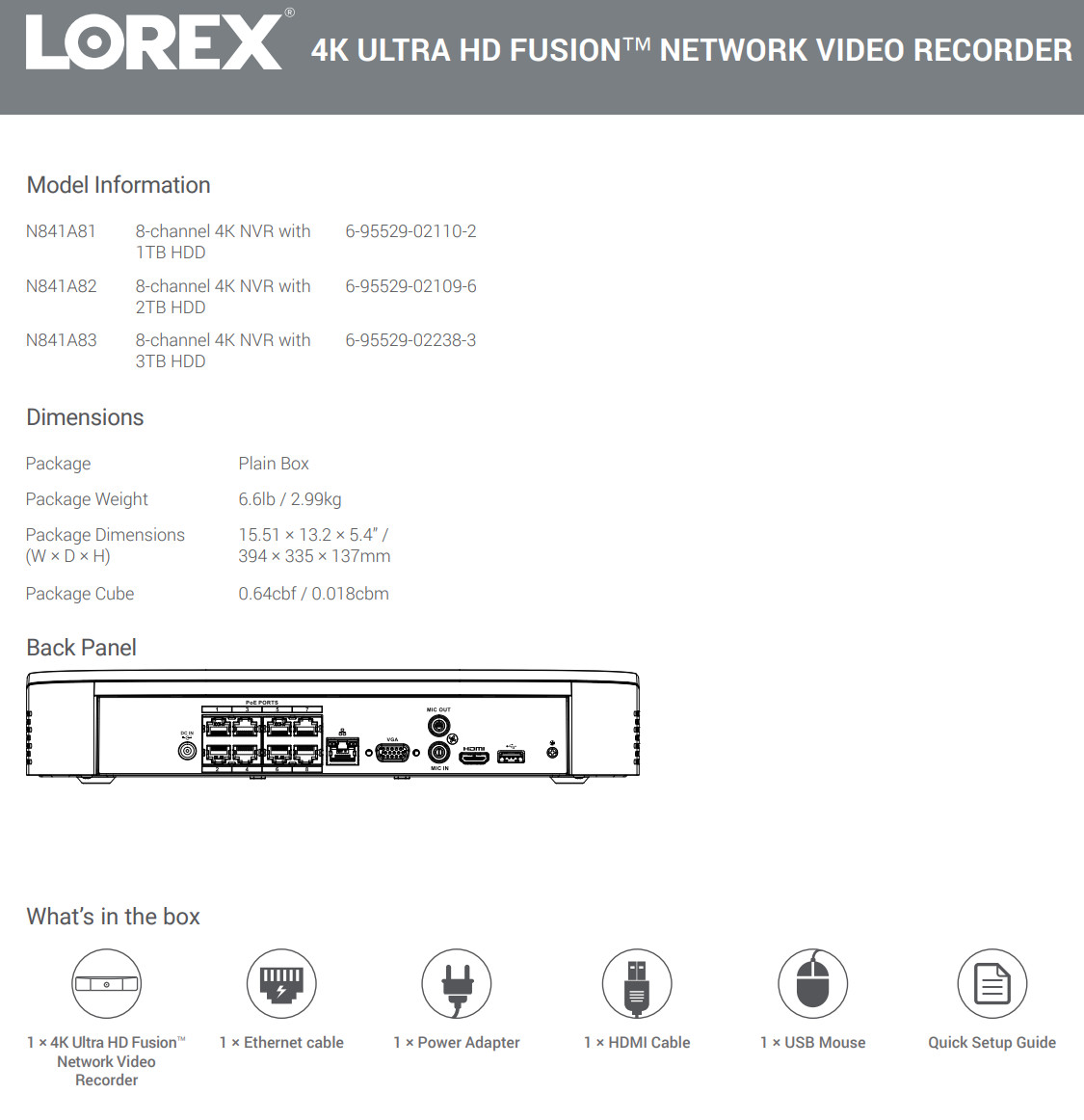 Lorex 4K Ultra HD 8-Ch POE Wireless Fusion NVR 8TB HDD N841A8-Z