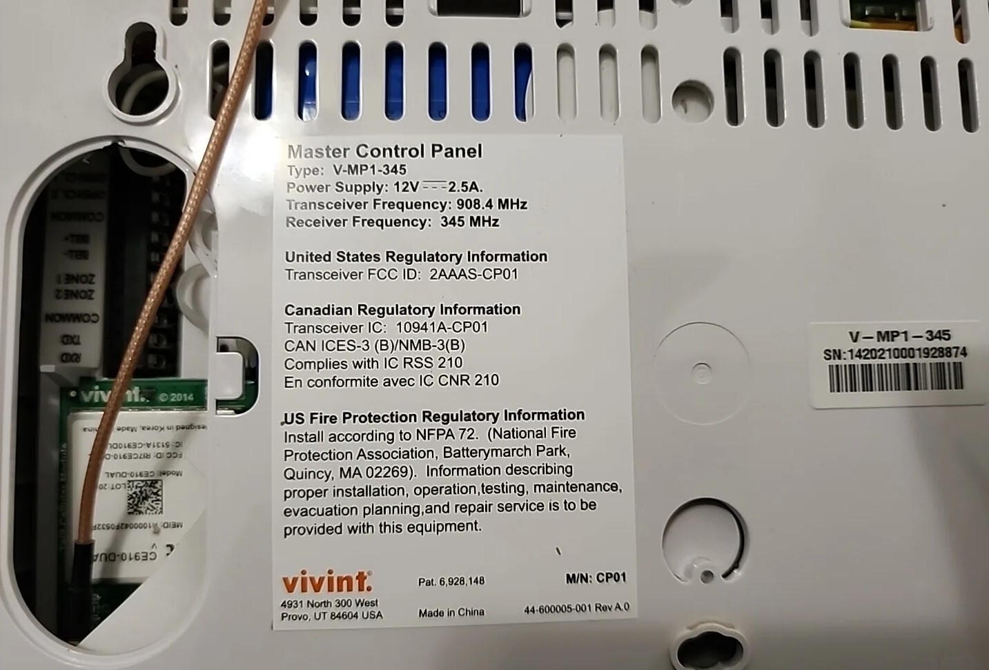Vivint Master Control Panel V-MP1-345 Parts Only Untested