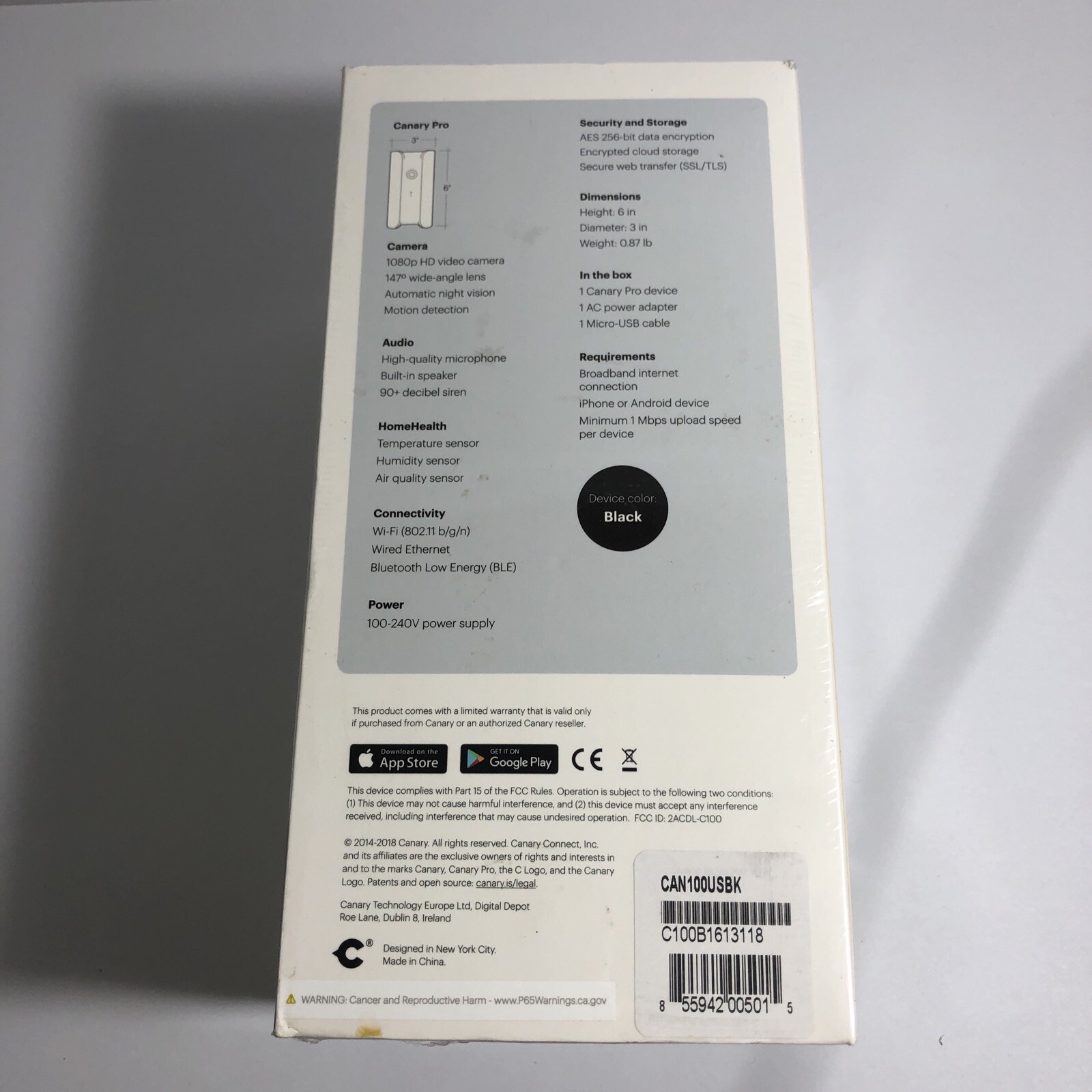 Canary CAN100USBK Black Wireless Indoor Smart Security Sealed Box (NEW)