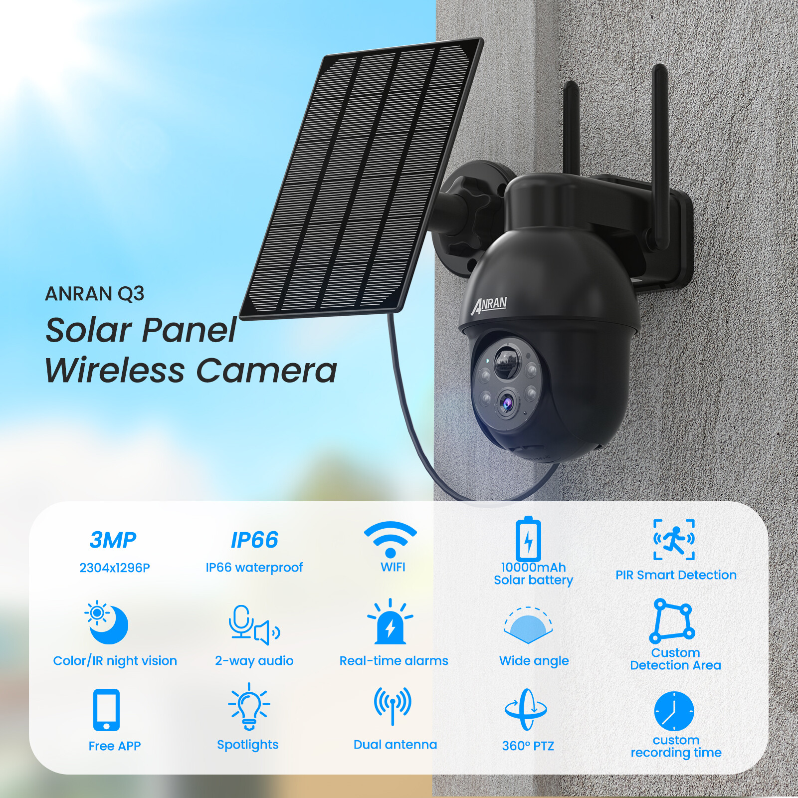 ANRAN 3MP Solar CCTV Camera Ourdoor Wireless Security Camera System WiFi Audio
