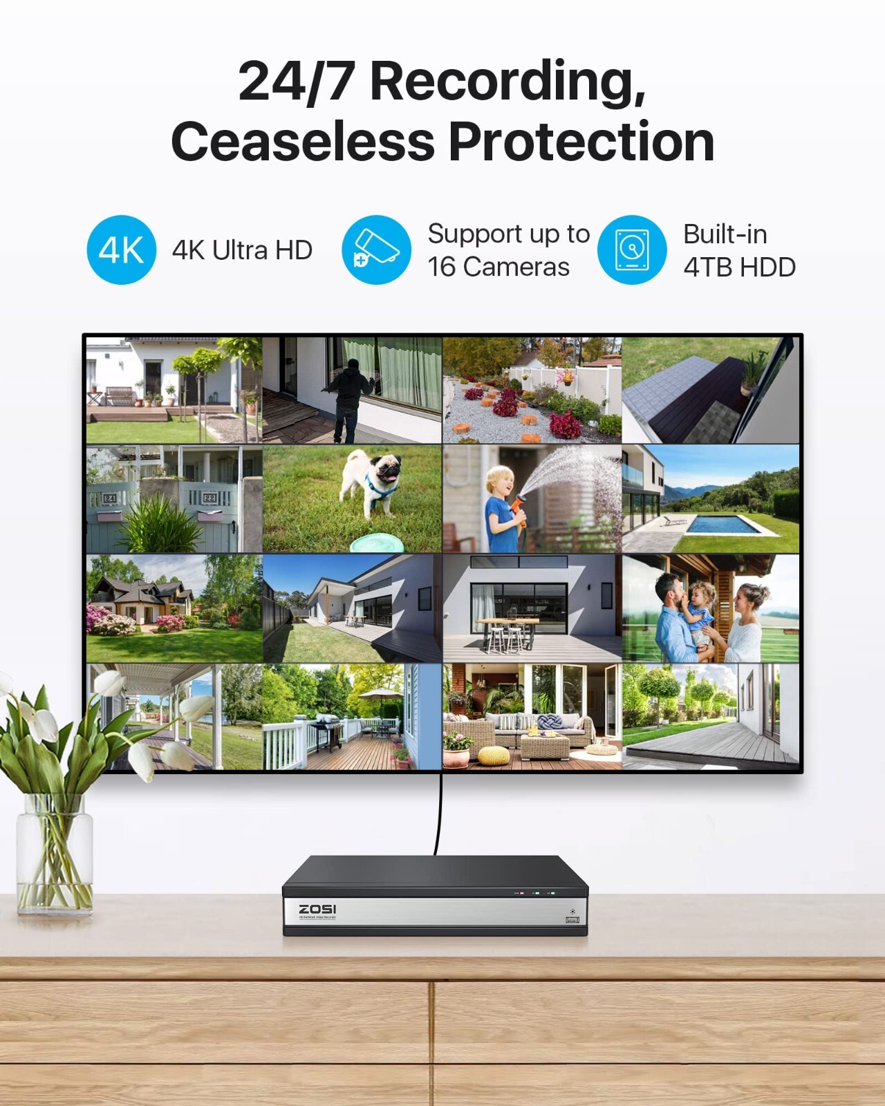 ZOSI 16 channel nvr poe 4TB Hard Drive 8MP Video NVR Recorder for Cameras System