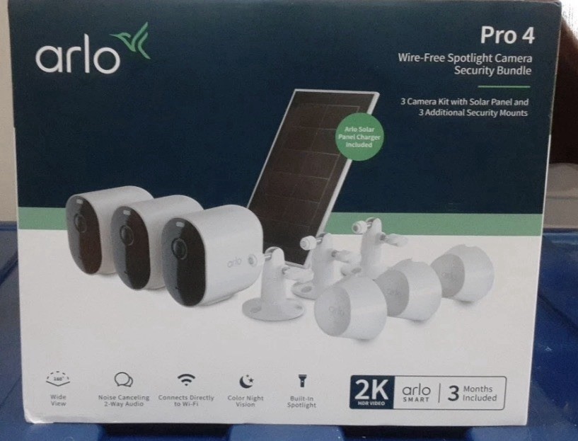 Open Box, Arlo Pro 4 3-Cam Kit with Bonus Solar Panel – White, 2K Used.