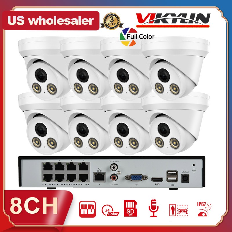 Vikylin 8CH 8POE CCTV System Full Color 4MP Security IP Camera MIC Outdoor Lot