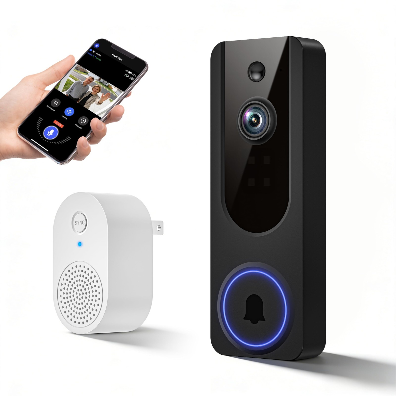 Cookedixo 1080P Wireless Video Doorbell Camera, Battery Powered Door Black