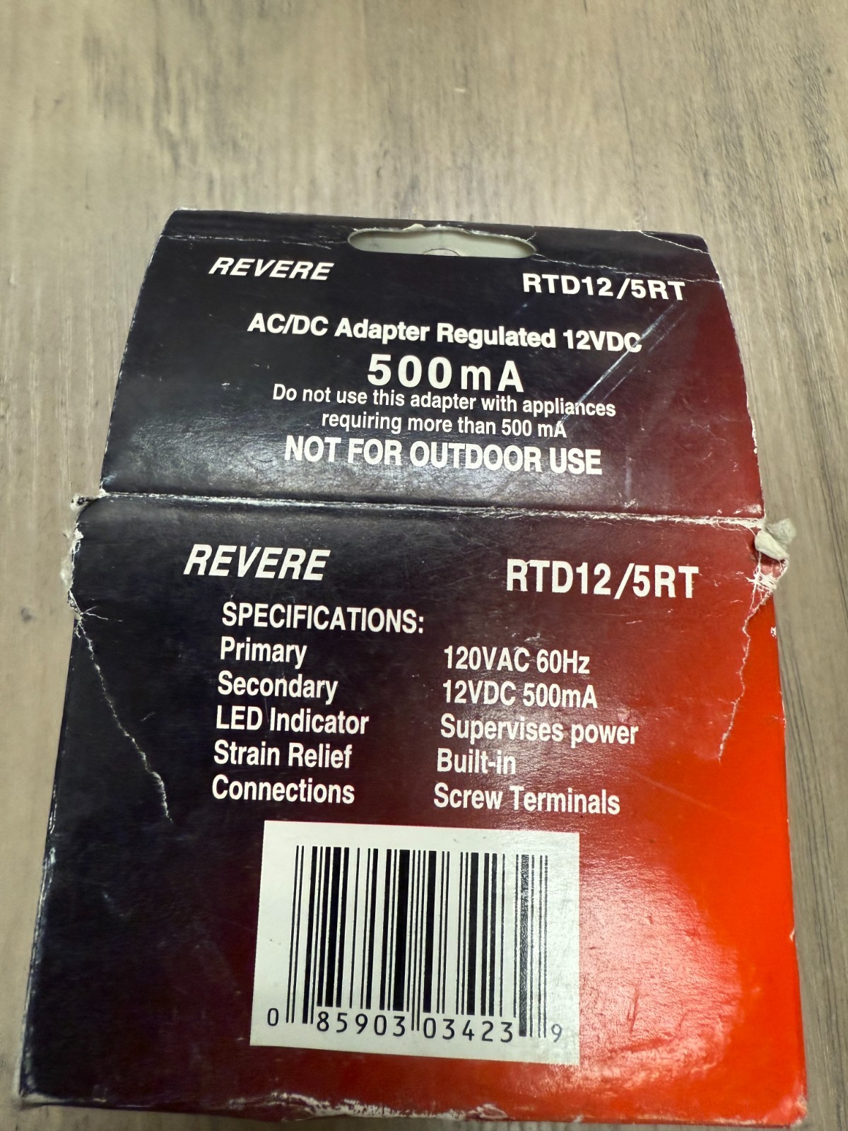 REVERE RTD12/5RT 12VDC Regulated 500mA Power Supply, w/ LED