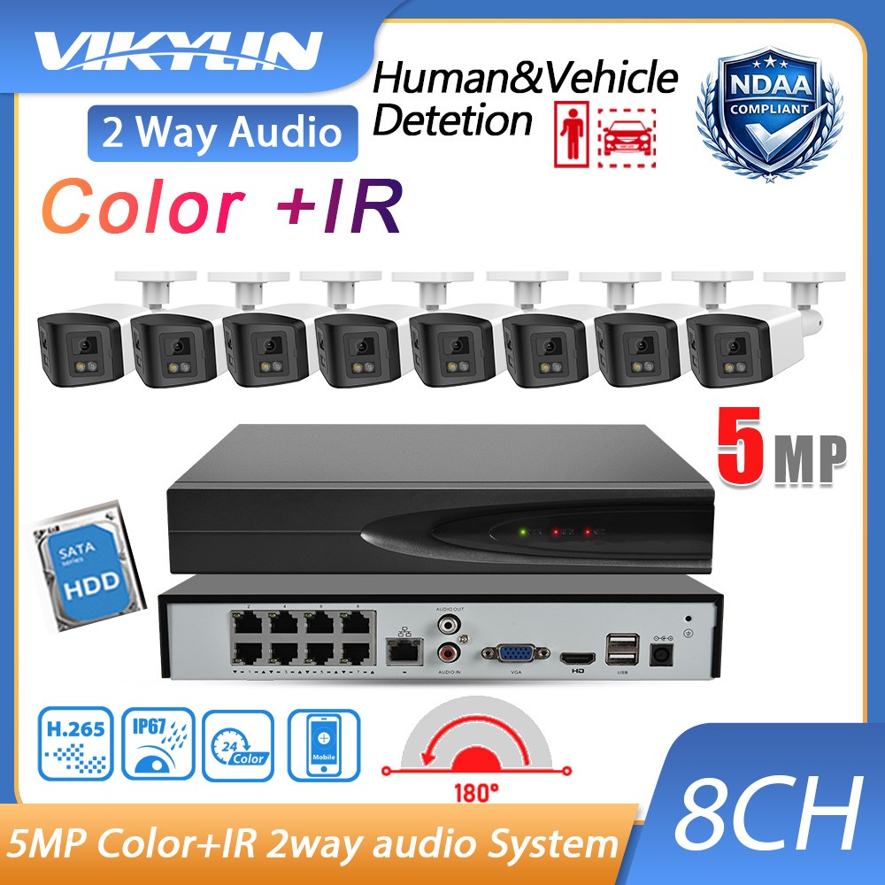 Vikylin 8CH 8POE NVR 4MP DualLens Panoramic Color+IR IP Camera MIC+Speaker Lot
