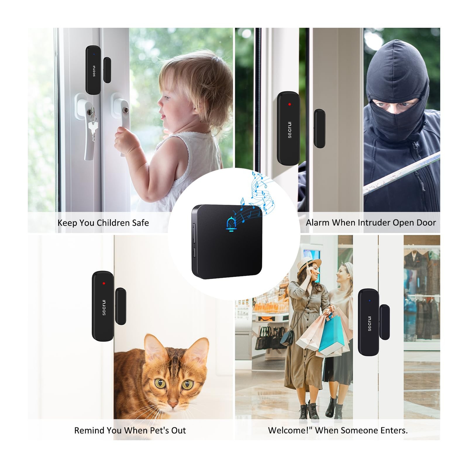SECRUI Wireless Door Chimes When Open Entry 1 sensor 2 receiver, Black