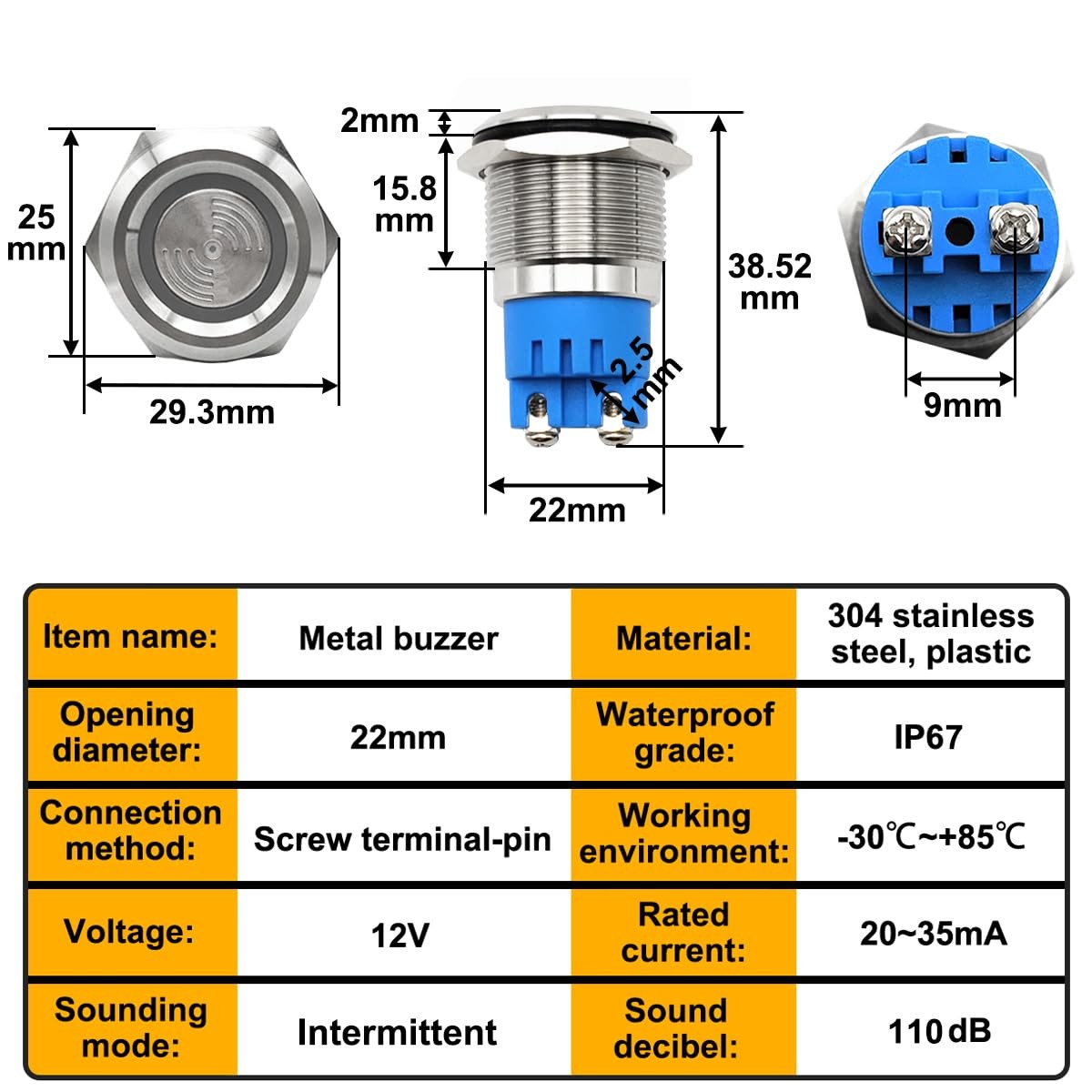 2PCS DC12V 22mm Electronic Metal Buzzer Alarm Sounder Waterproof IP67 Intermi…