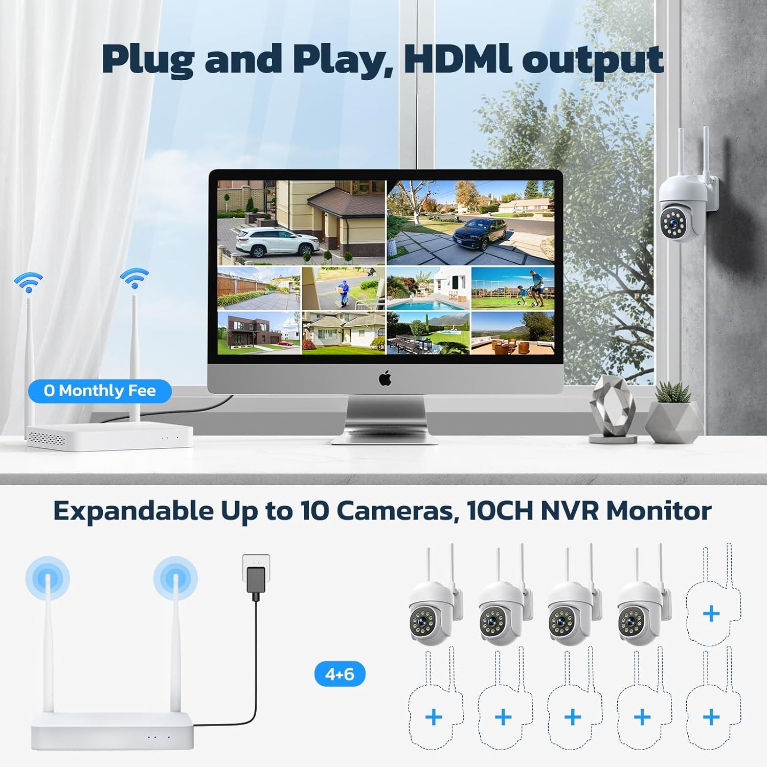 WiFi 2MP IP Security Camera System 24/7 Record 360° PTZ CCTV 10CH 4K NVR 500GB