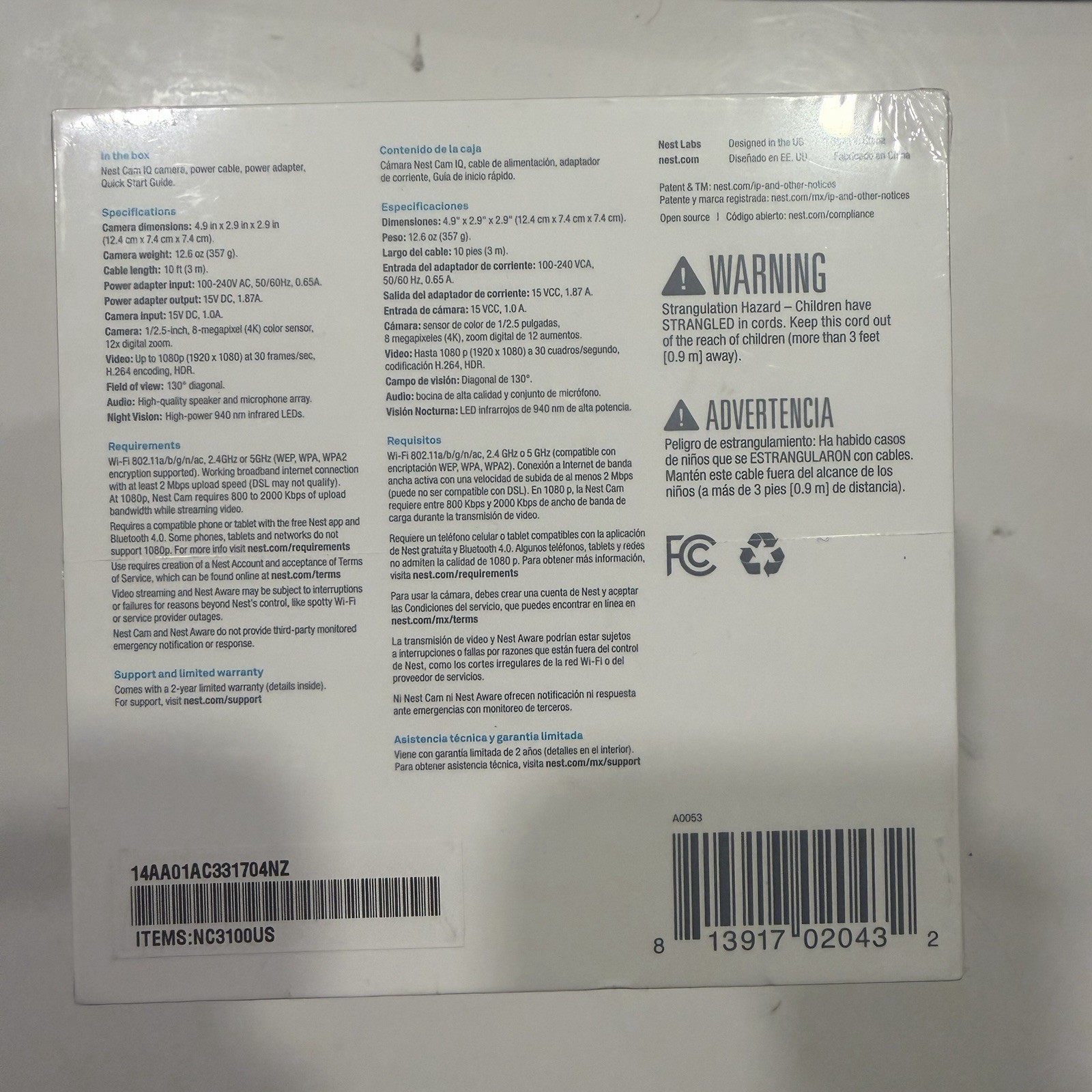 Nest Cam IQ Indoor 4k Sensor For Clear 1080p Video HDR NC3100US A0053 Sealed