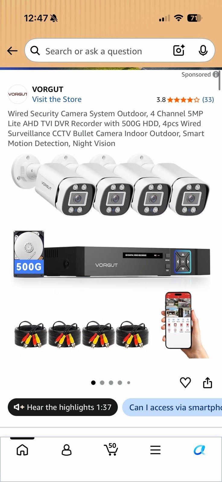 (EJN)VORGUT Wired Security Camera System 4CH DVR 5MP Lite 4x3MP Cameras 500GB