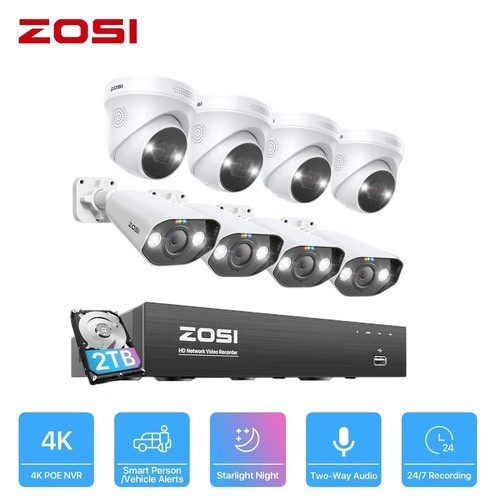 ZOSI 8CH/16CH 5MP/8MP POE IP Security Camera System 4K AI Face Detect NVR Audio