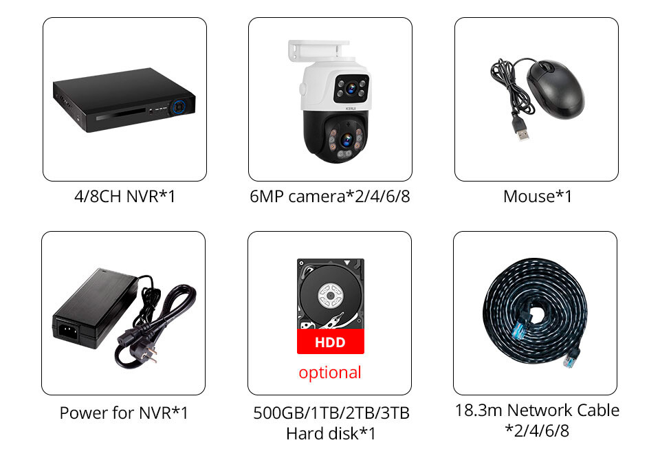 KERUI 8CH POE NVR Security System 6MP IP Cameras 500GB HDD + 18M Ethernet Cables