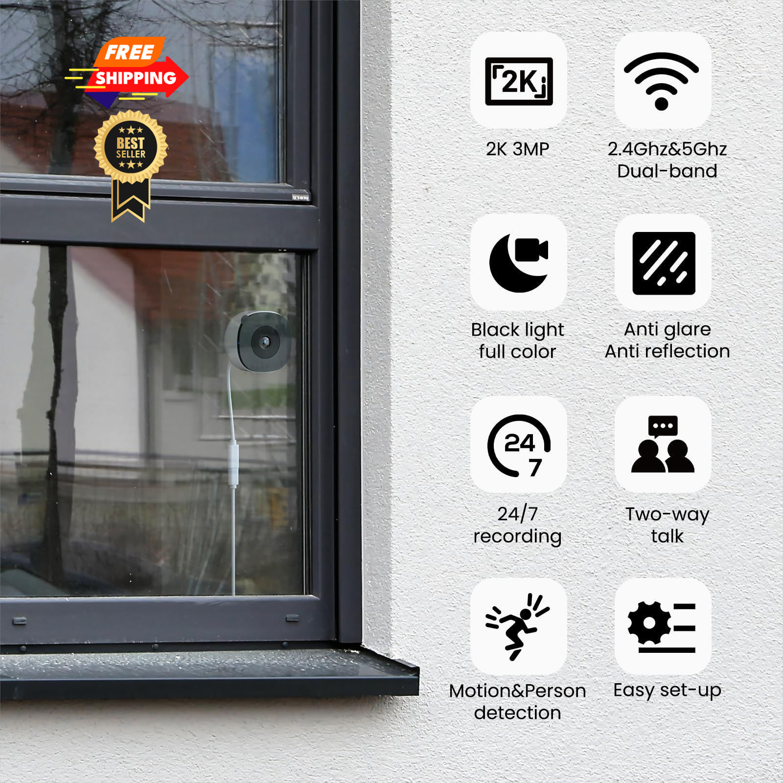 INFIYA 2K No Drill Window Camera-2 Pack 2.4Ghz & 5Ghz 2.4G&5G 2-Pack, White