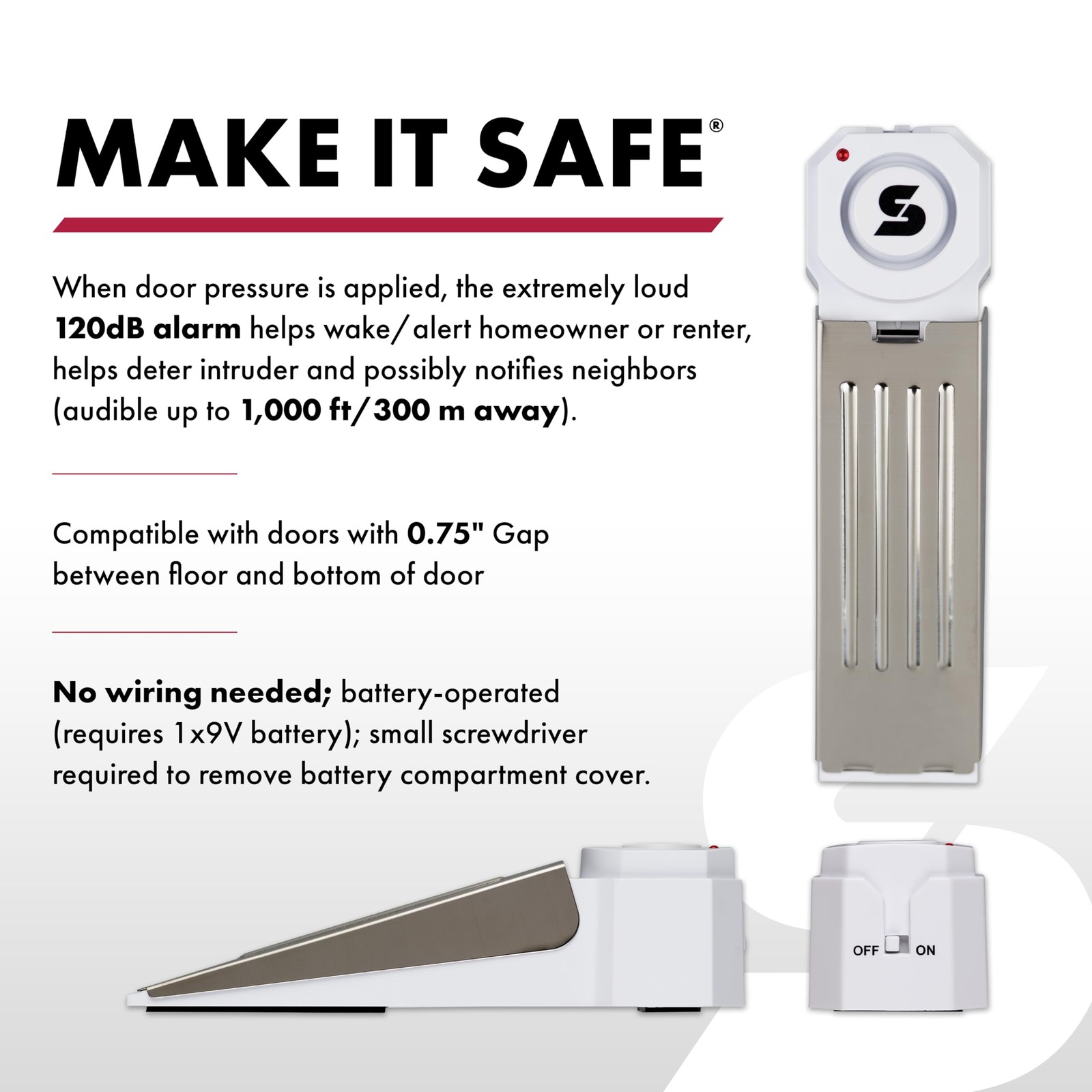 SABRE Door Stop Alarm 120dB Extremely Loud Security Alarm Battery Operated White
