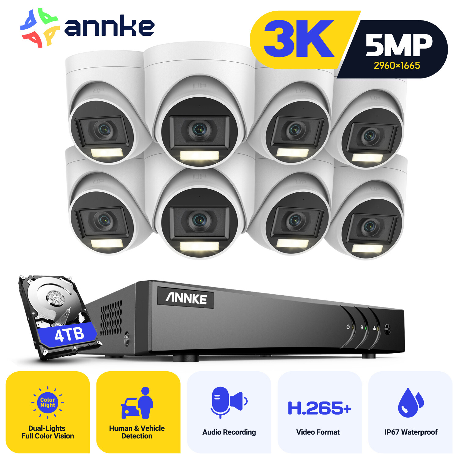 ANNKE 8CH DVR 5MP Audio Security Camera System CCTV Outdoor Color Night Vision
