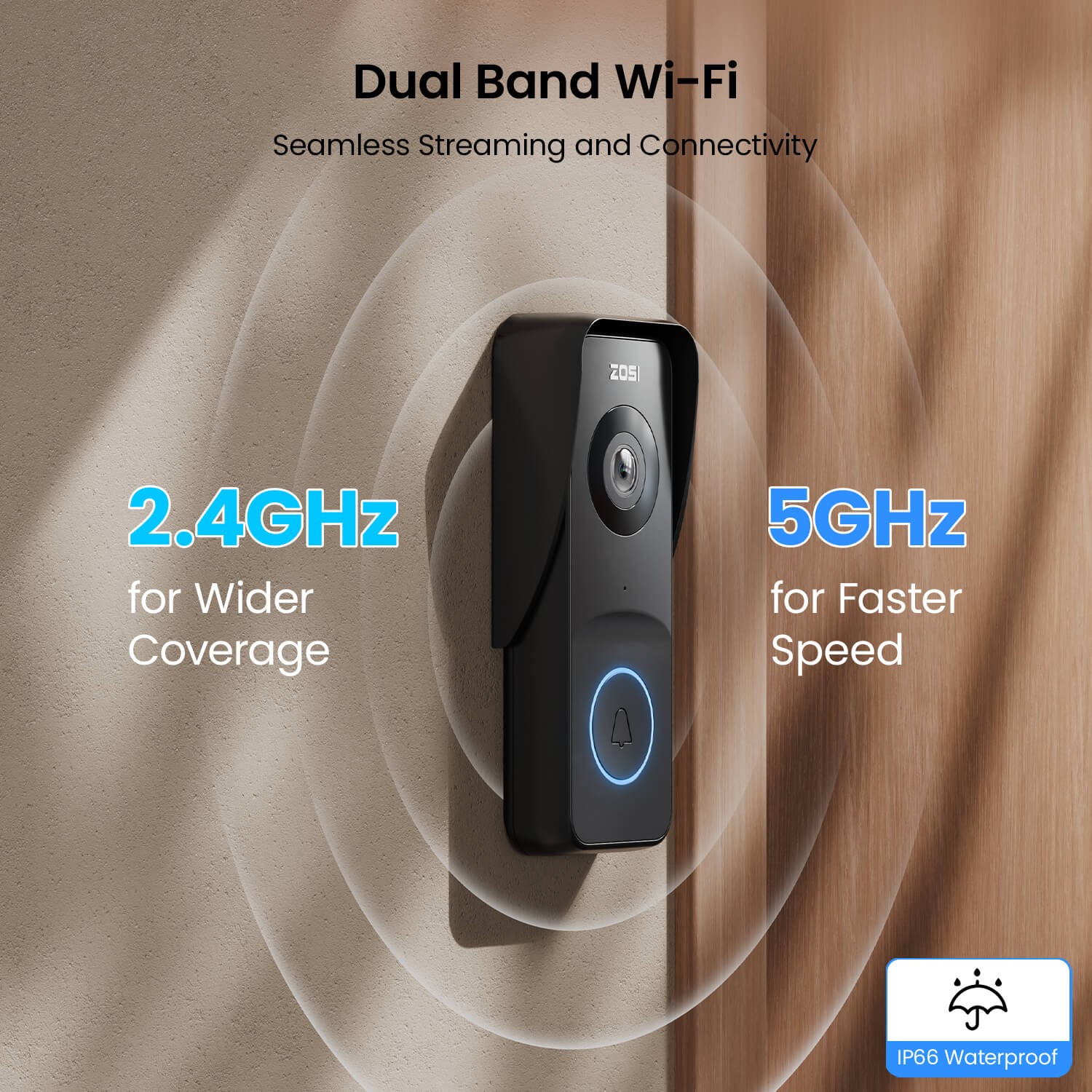 ZOSI 2.5K 5G WiFi Video Door Bell Camera Chime Doorbell Smart Person Detection