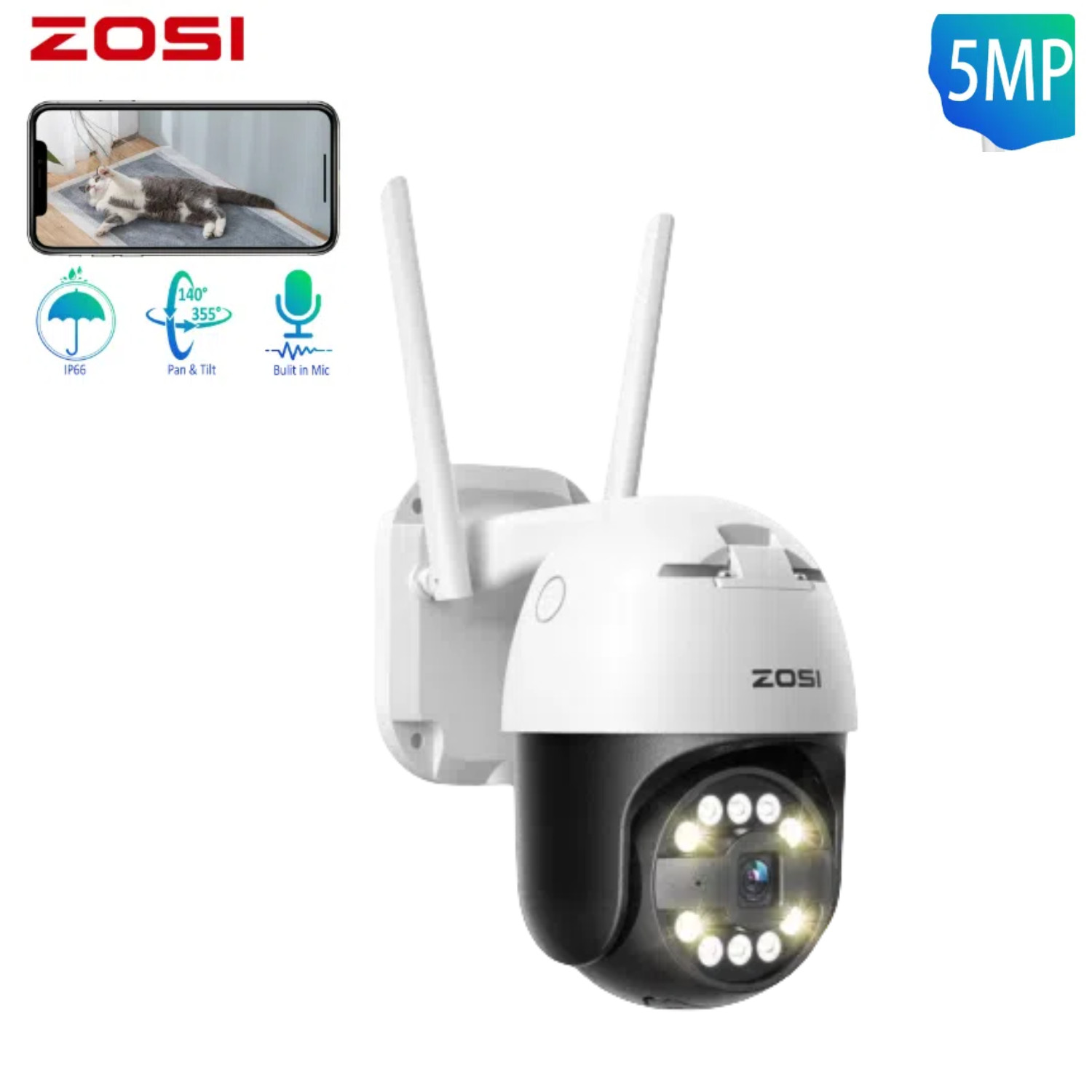 ZOSI 5MP Wireless Security IP Camera Pan Tilt AI Face & Voice Activity Detect PT