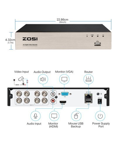 ZOSI 8CH 5MP Lite DVR 1080P Outdoor CCTV Security Camera System Kit Night Vision