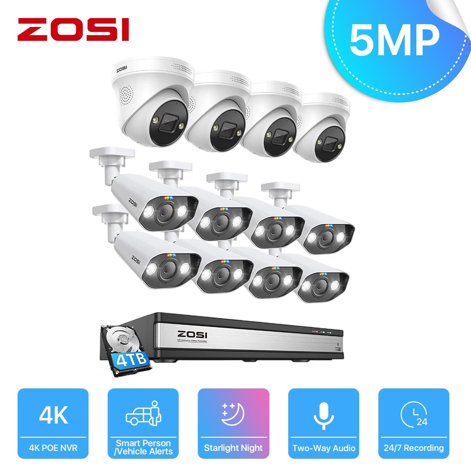 ZOSI 8CH/16CH 4K NVR 5MP POE Security Camera System AI Human Car Detect IR Audio