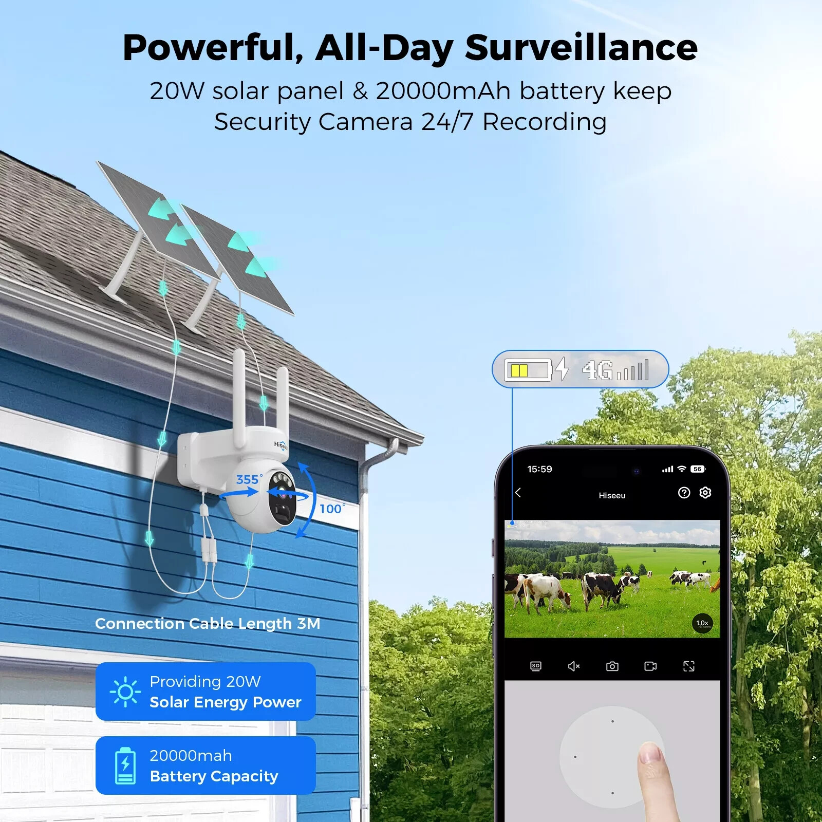 Hiseeu 4G LTE Cellular Security Camera Outdoor SD Card Wireless Solar Powered