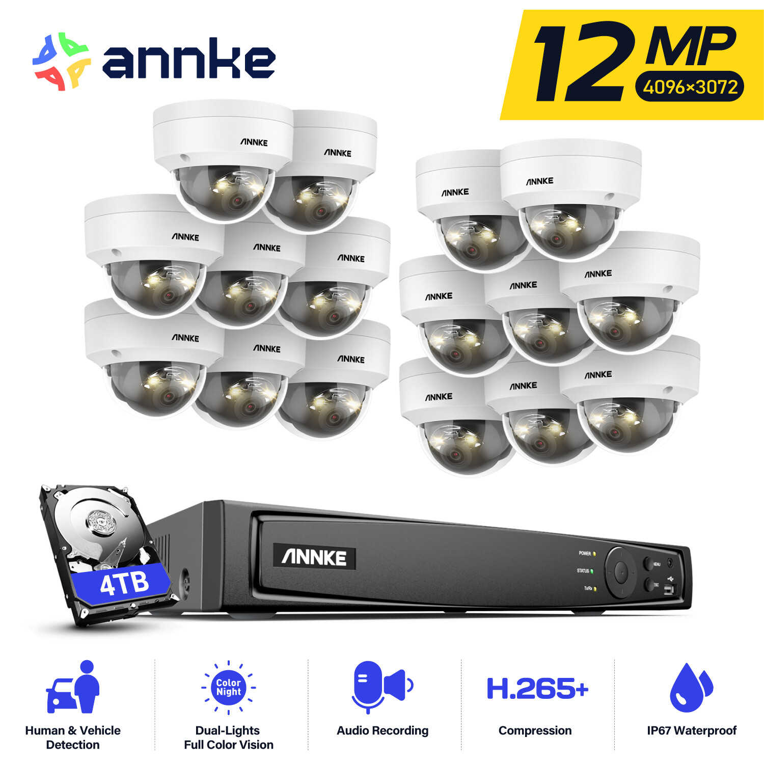 ANNKE 12MP AI Color Night PoE Security IP Camera System 16CH NVR Audio Recording