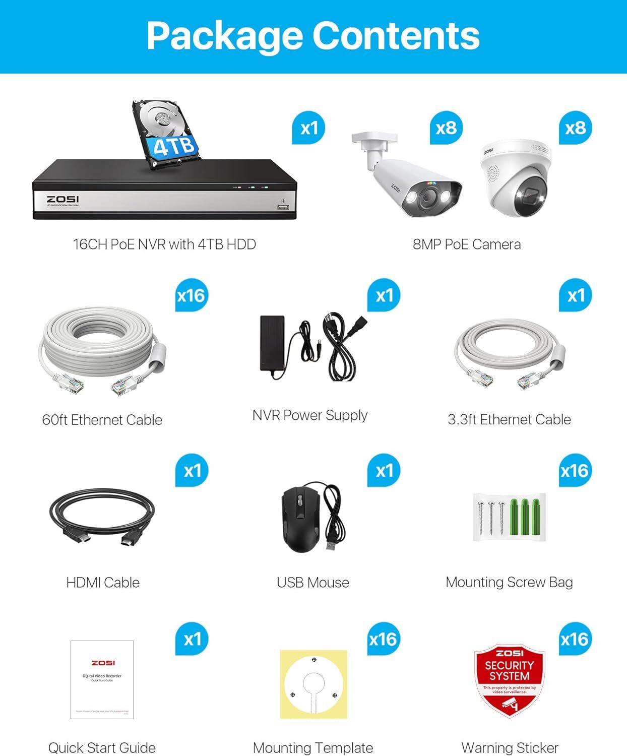 ZOSI 4K 16CH PoE Security Camera System with 4TB HDD Human Car Detect Audio