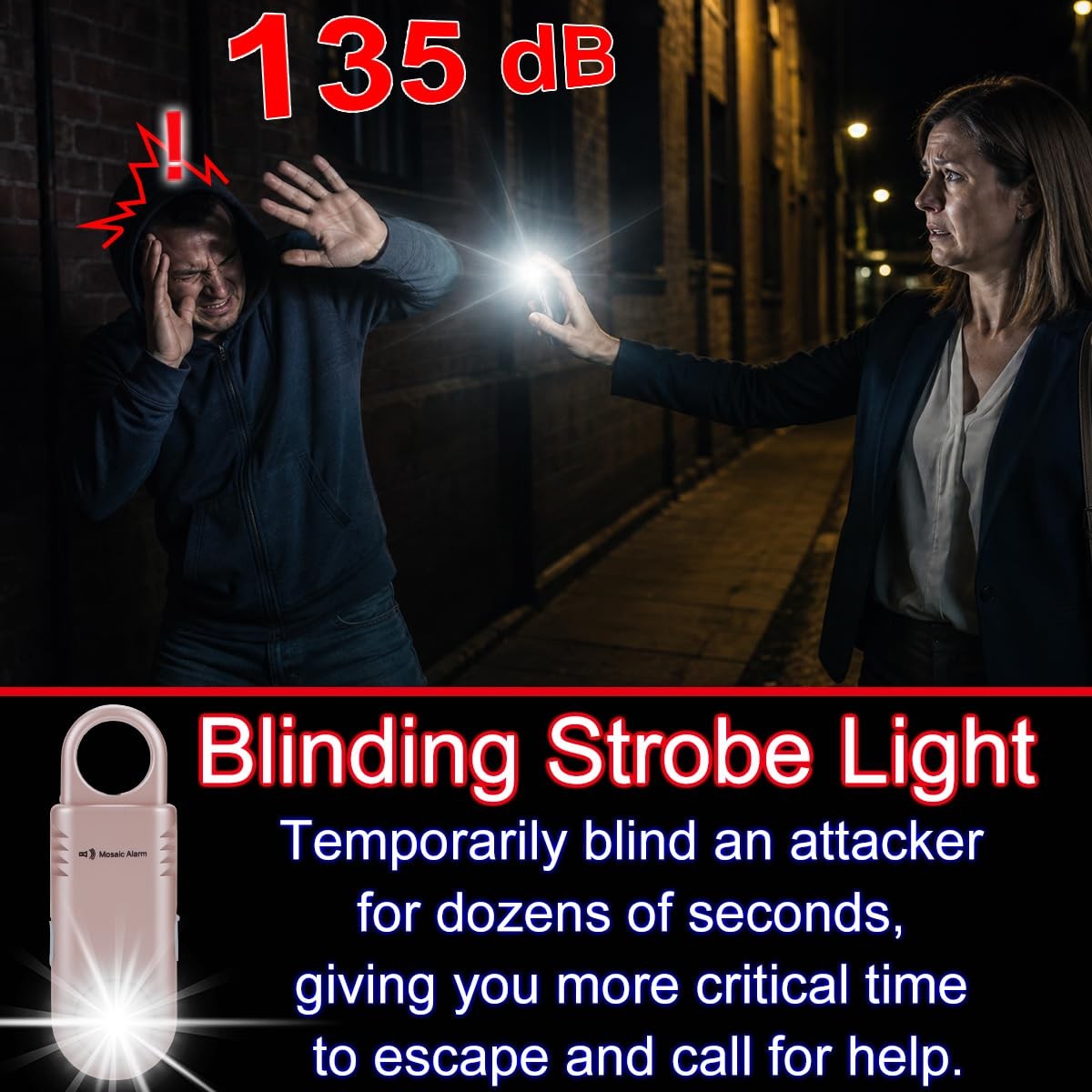 135dB Rechargeable Personal Safety Alarm Built-in Ultra-Bright Flashlight Non…