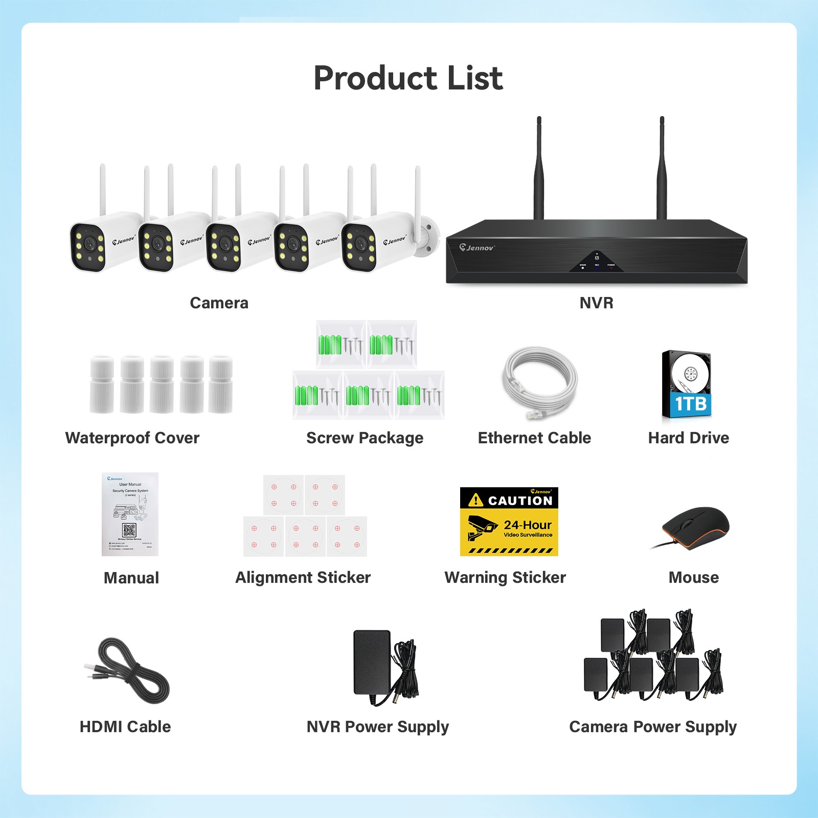 JENNOV 5MP 10CH NVR Outdoor Wifi IP Security Camera System 24/7 Record 1TB HDD